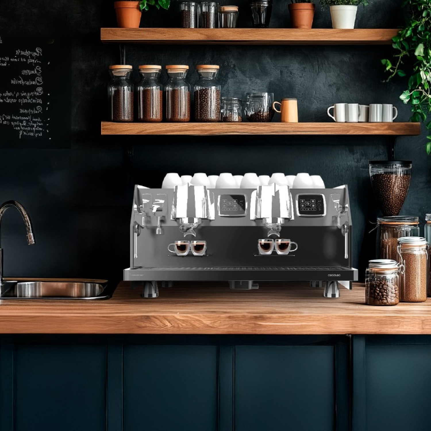 Cafetera moderna en mostrador con estantes llenos de tarros y tazas de café.