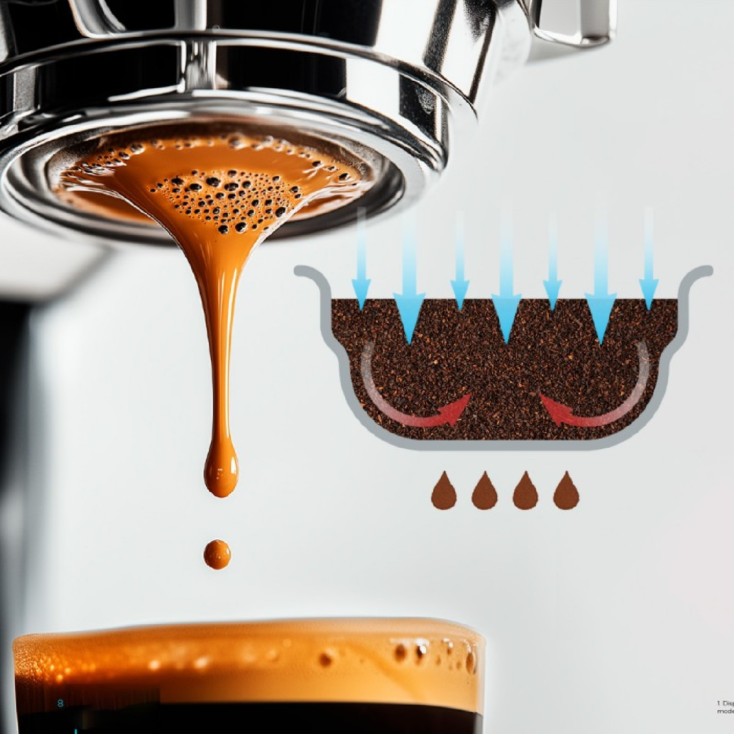 Un espresso sale de un portafiltro, junto a un gráfico que muestra el flujo de agua en el café.