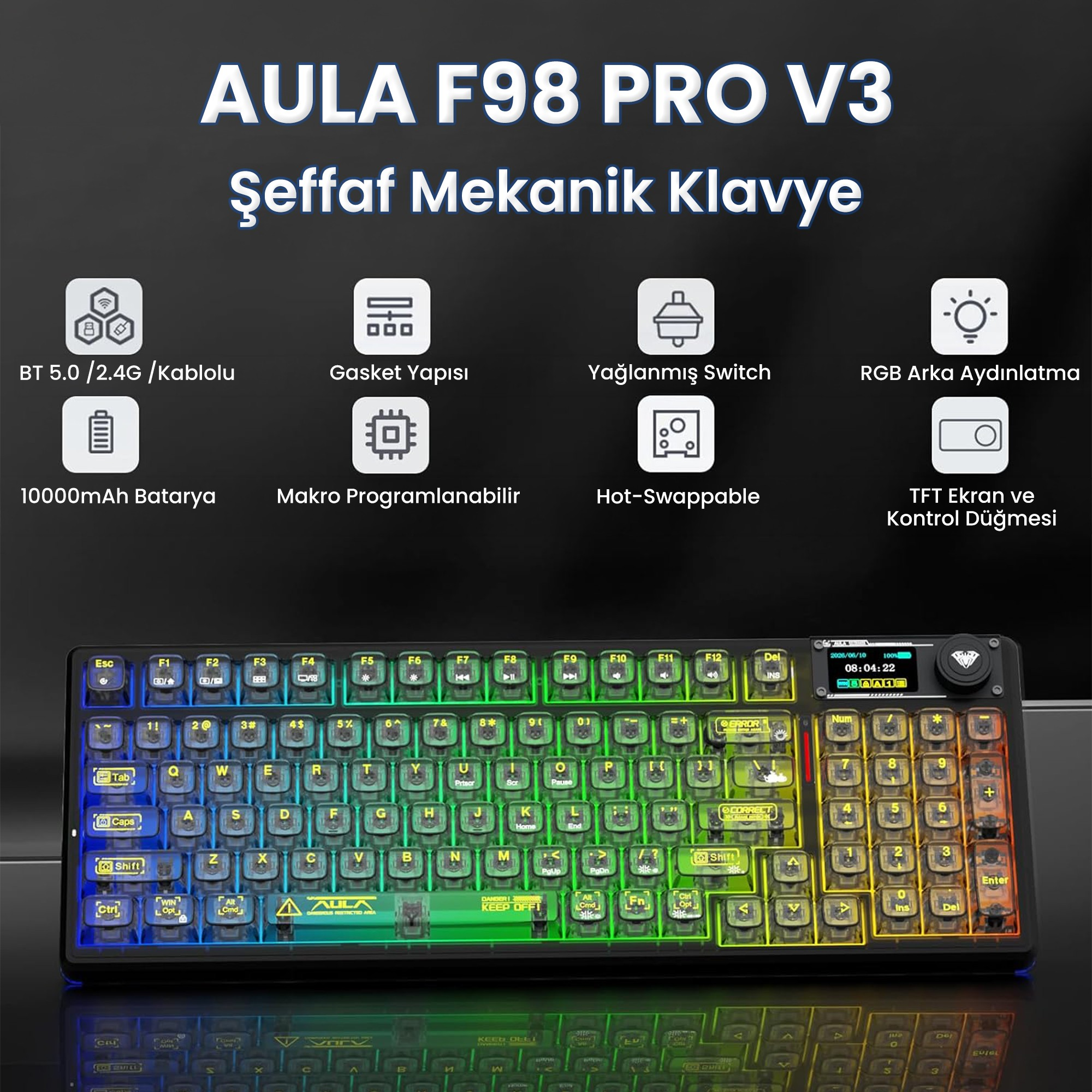 AULA F98 PRO V3 mekanik klavyenin özellikleri ikonlar ve metinlerle vurgulanan tanıtım görseli.