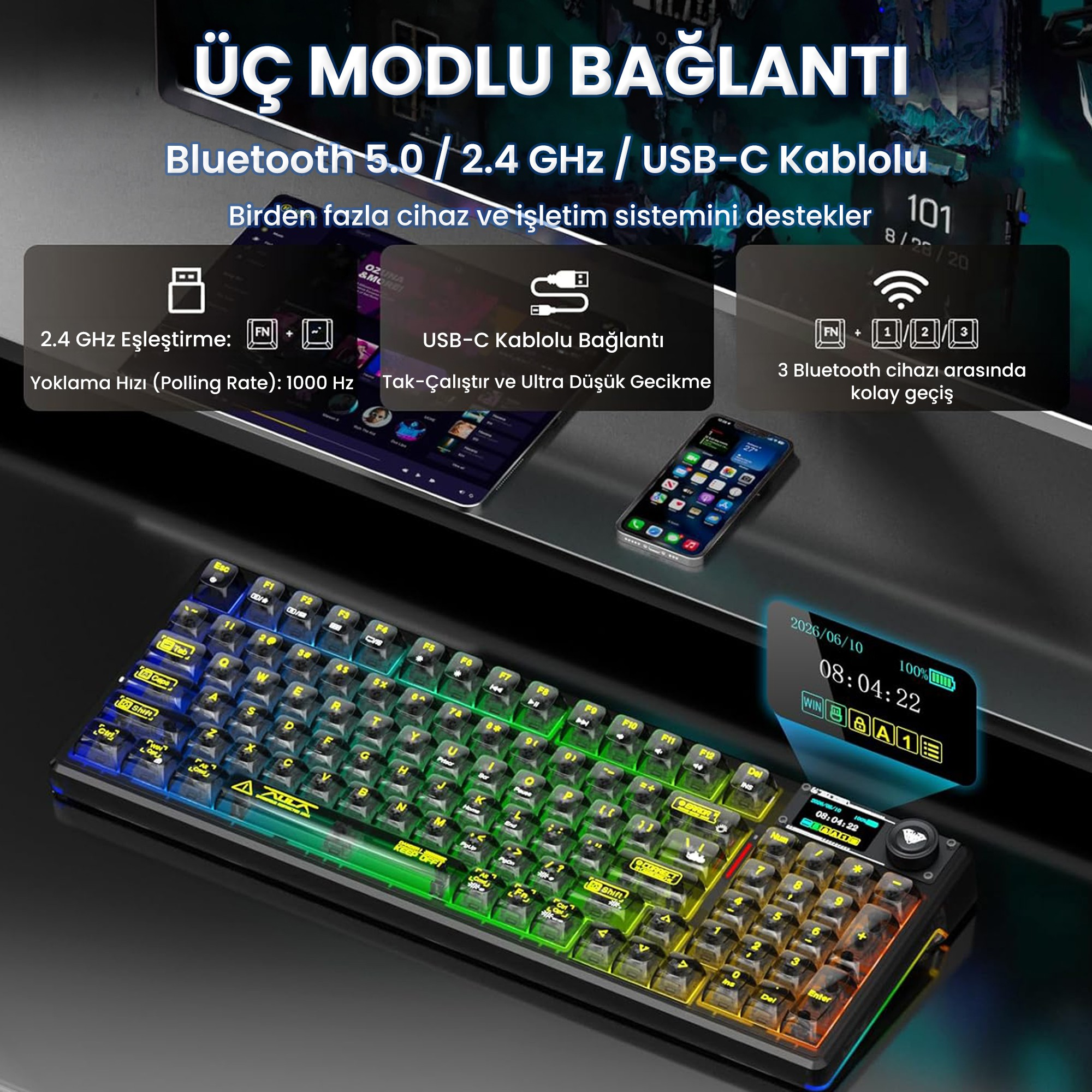 Ekranlı, tabletli ve akıllı telefonlu arkadan aydınlatmalı mekanik klavye.