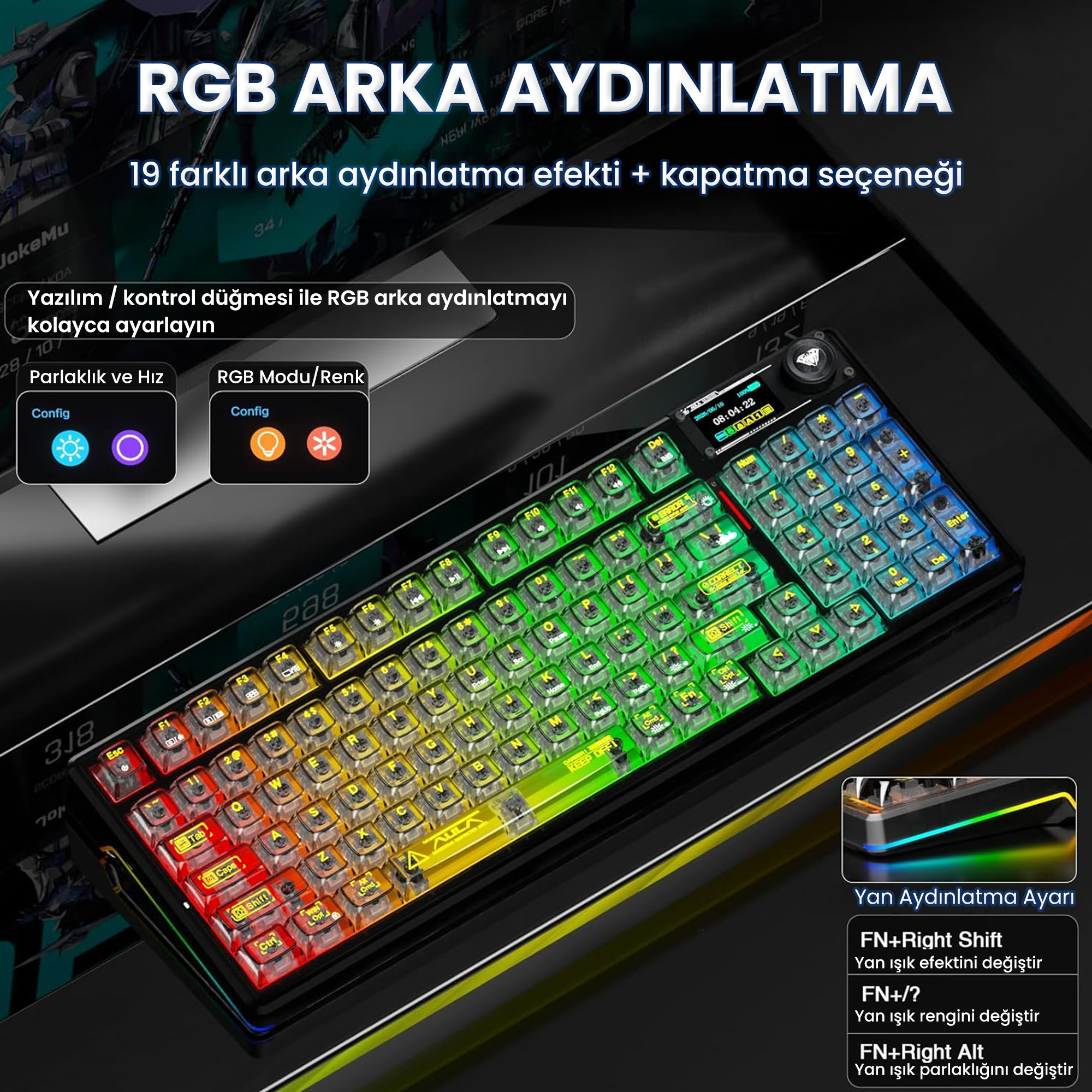 Şeffaf tuş kapaklı, ekranlı ve renkli ışıklı mekanik RGB klavye.