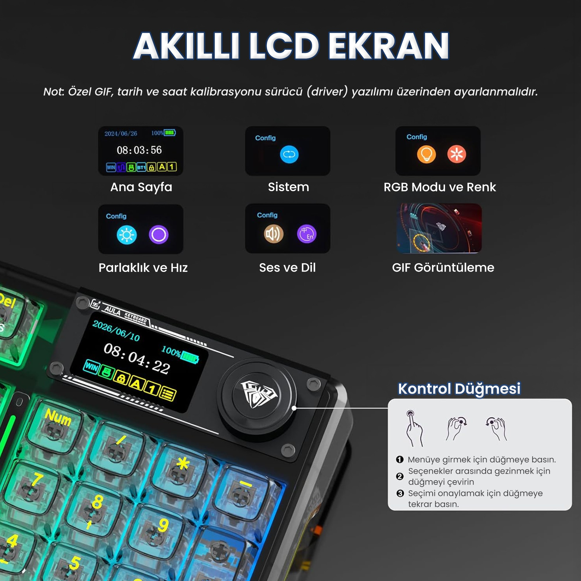 Kontrol düğmeli mekanik klavyenin LCD ekran özelliklerini gösteren şema.