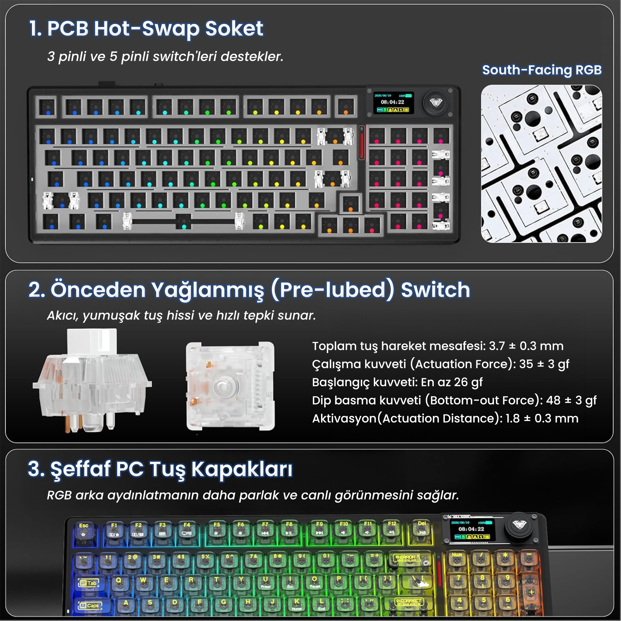 Klavye özelliklerini gösteren infografik: hot-swap soket, önceden yağlanmış switch'ler ve şeffaf PC tuş kapakları.