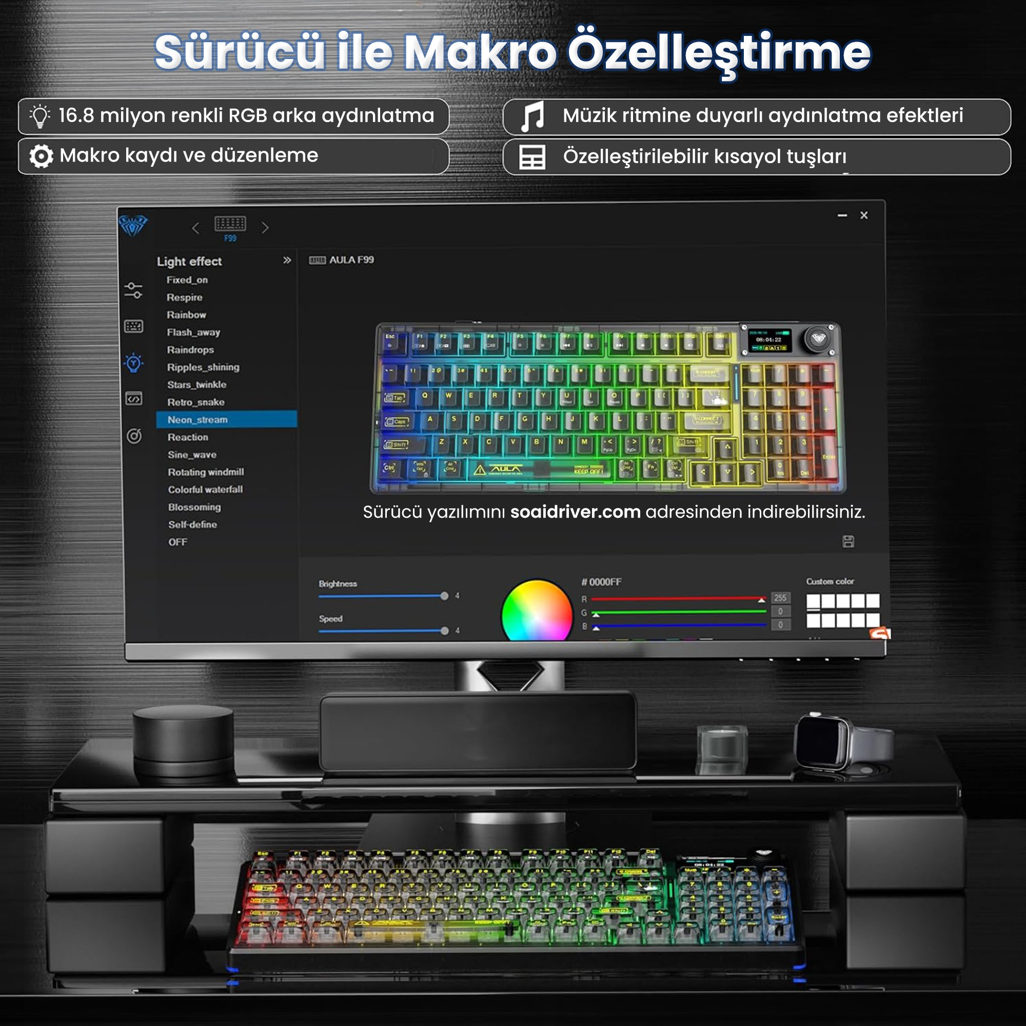 Monitörde ayarlanabilir ışık efektlerine sahip mekanik bir RGB klavye için özelleştirme yazılımı.