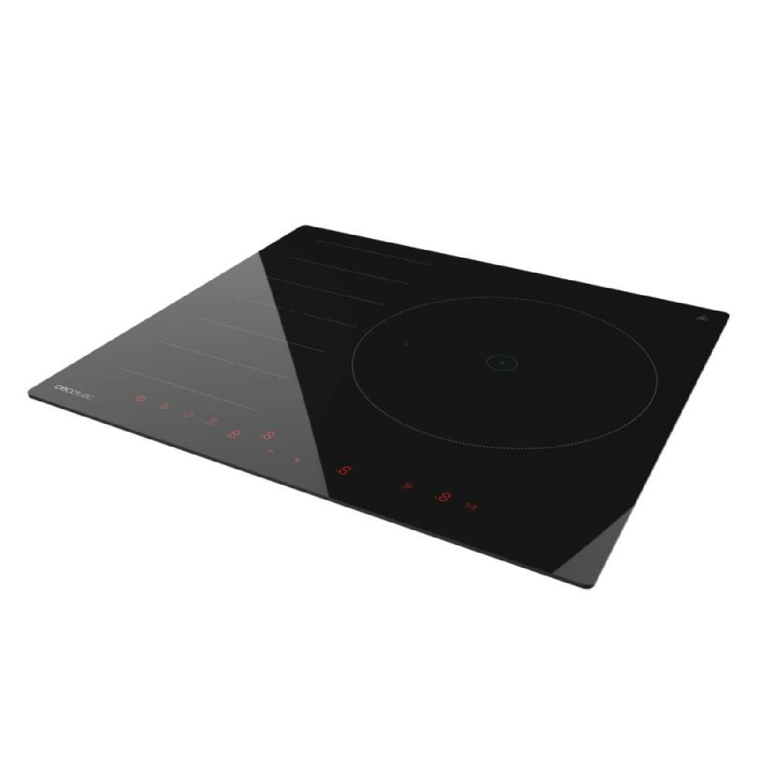 Una encimera de inducción de vidrio negro con controles táctiles y un quemador circular sobre fondo blanco.