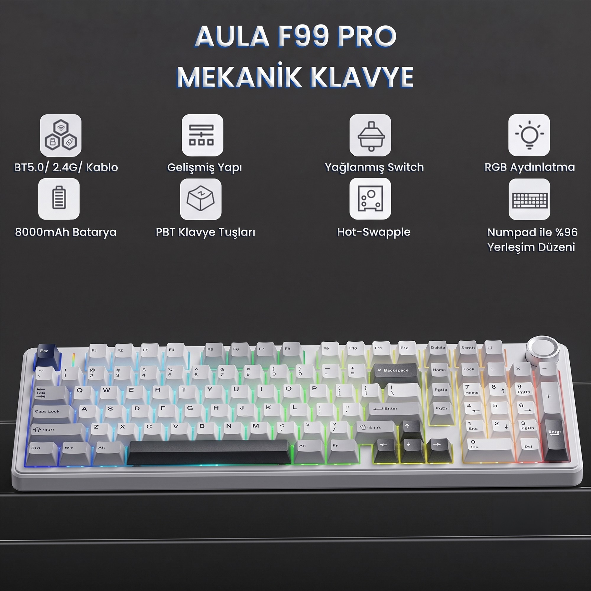Beyaz ve gri tuşlara, RGB aydınlatmaya ve üstte özellik simgelerine sahip AULA F99 Pro klavye.