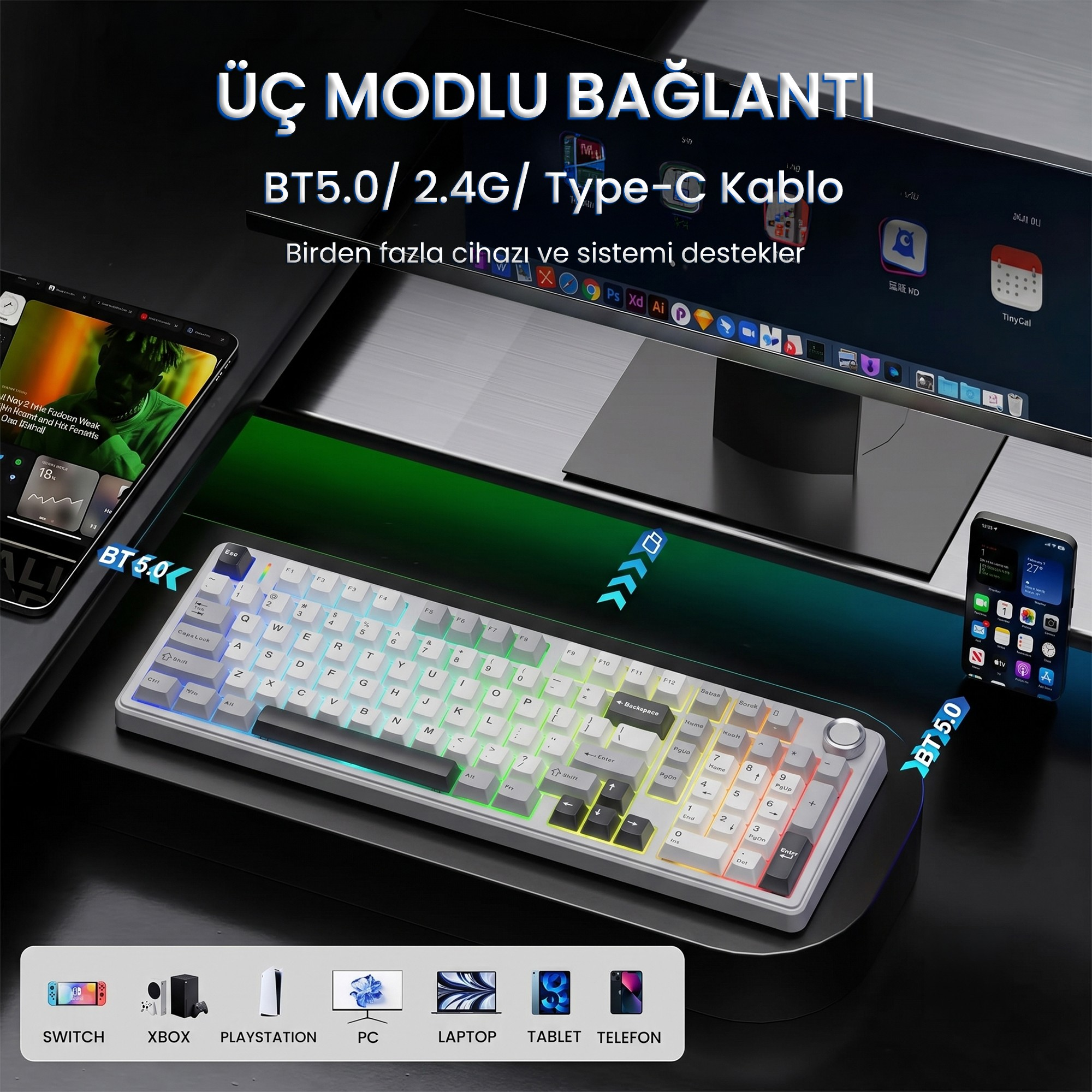 Tablet, monitör ve telefona bağlı RGB aydınlatmalı beyaz mekanik klavye.