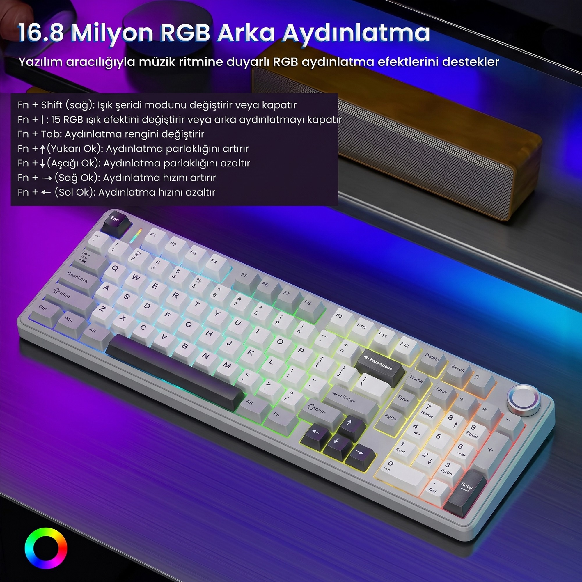 RGB aydınlatmalı ve metin katmanlı beyaz ve gri mekanik klavye.