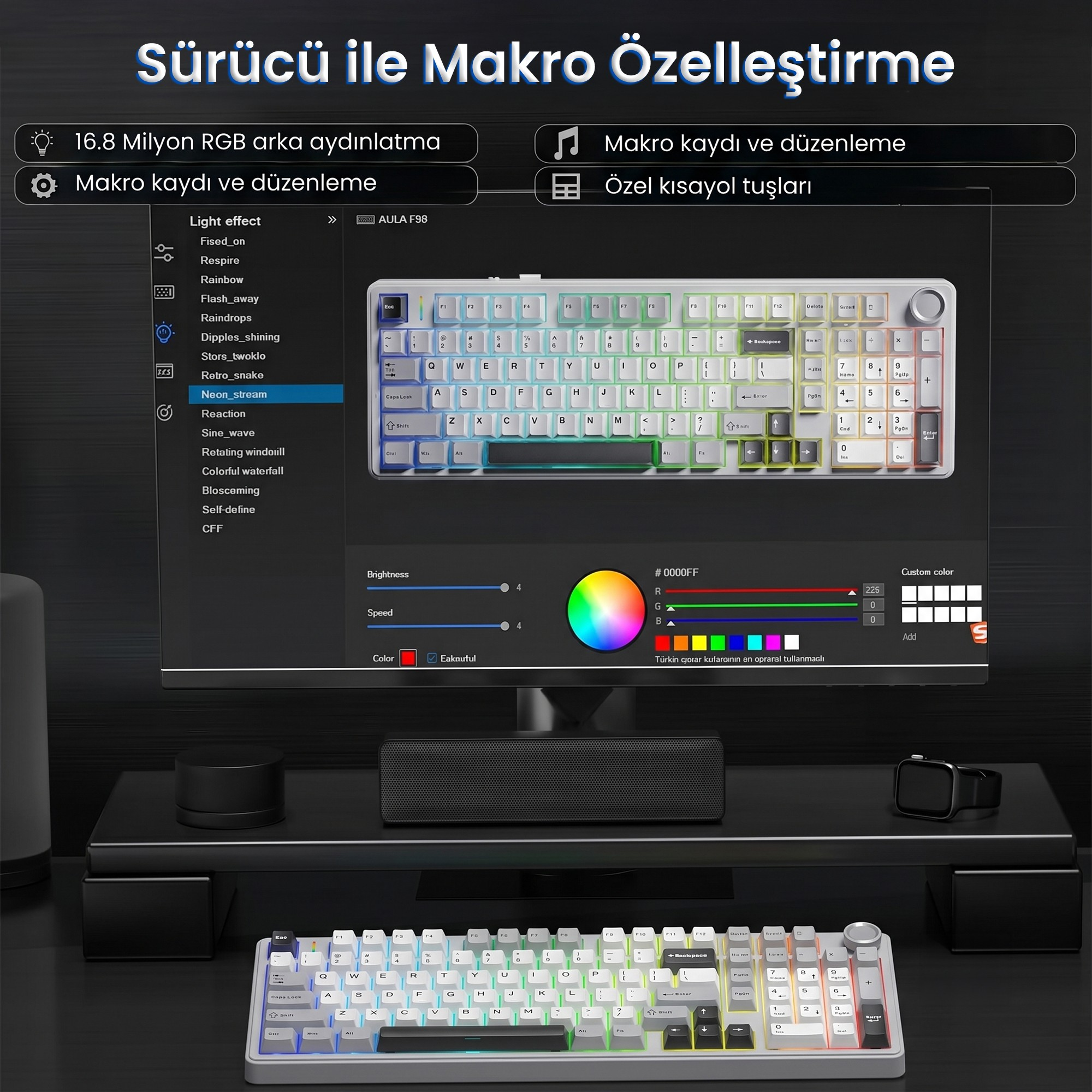 Bir monitörde gösterilen RGB klavye için makro özelleştirme yazılımı.