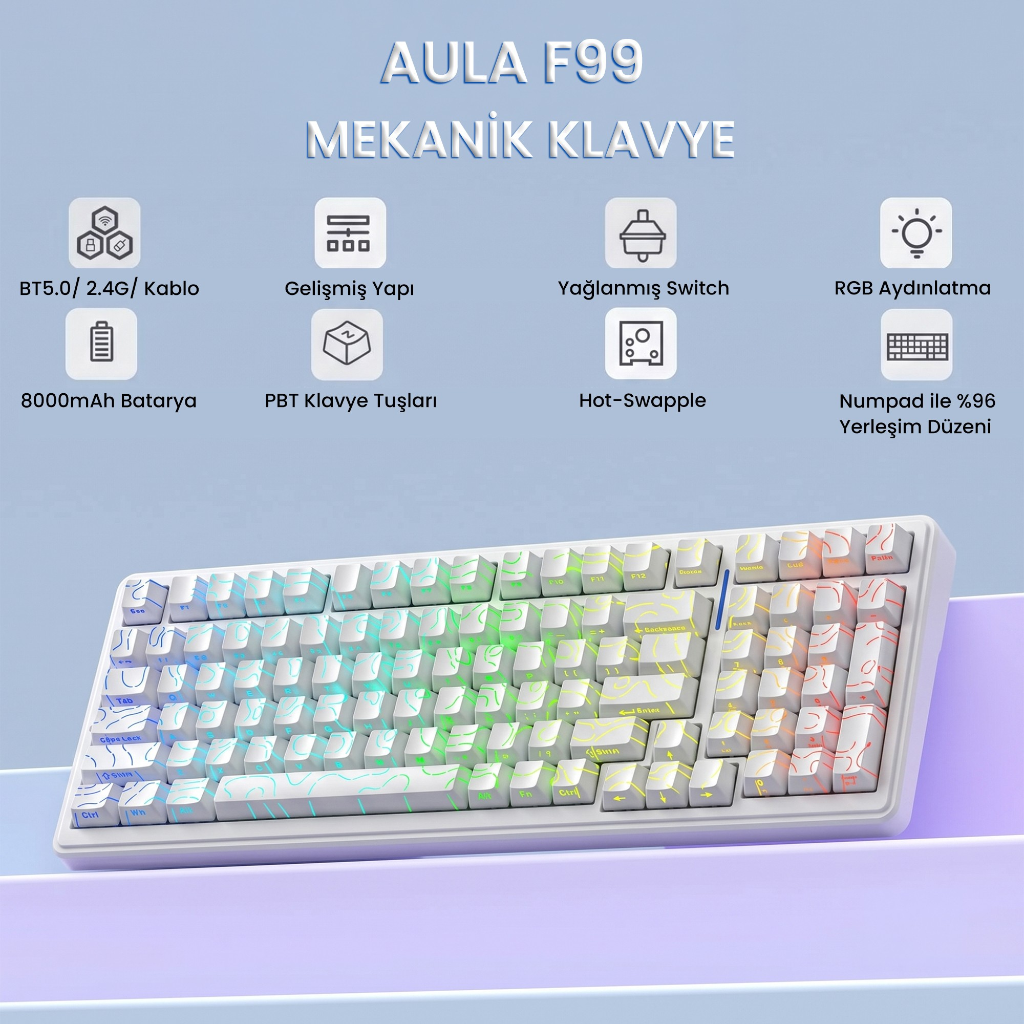 RGB aydınlatmalı ve özellik simgeli AULA F99 mekanik klavye ürün reklamı.
