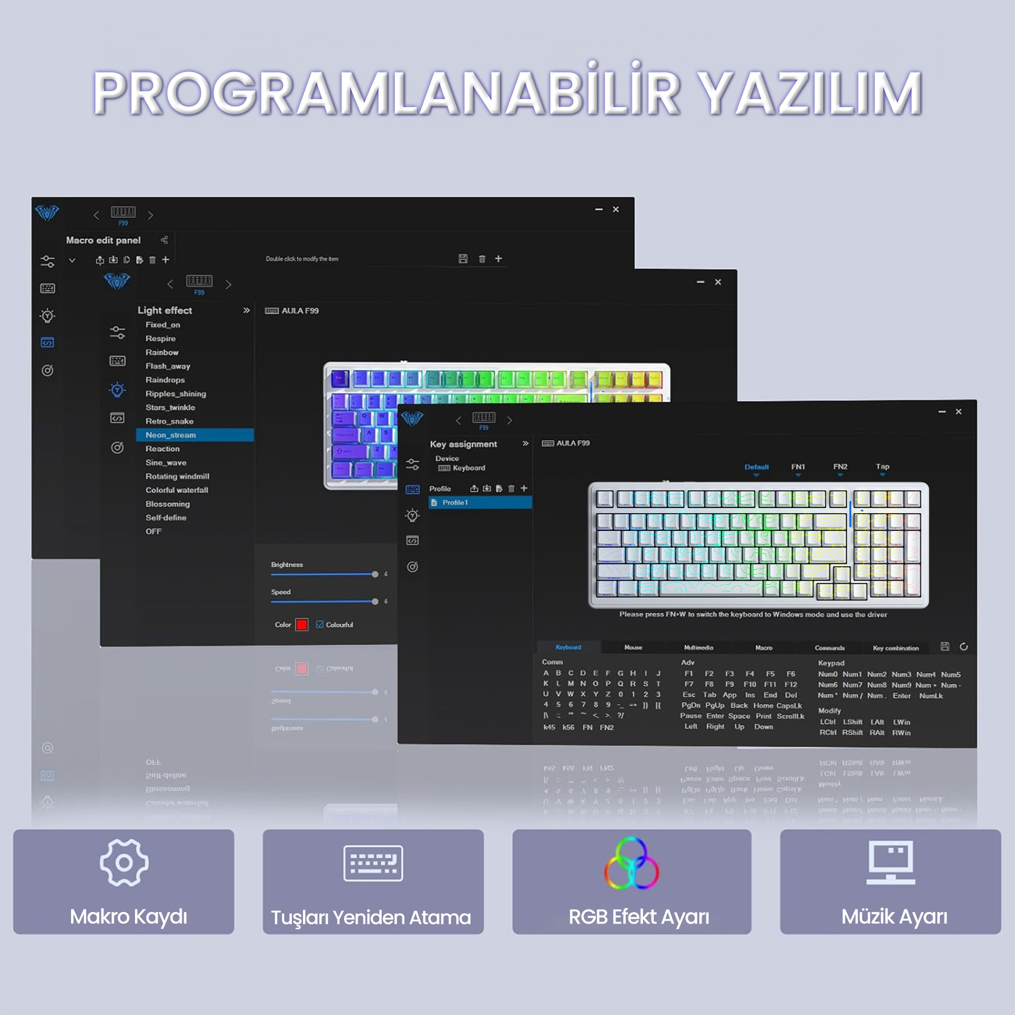 Aydınlatma efektleri ve makro ayarlarını gösteren programlanabilir klavye yazılımı.