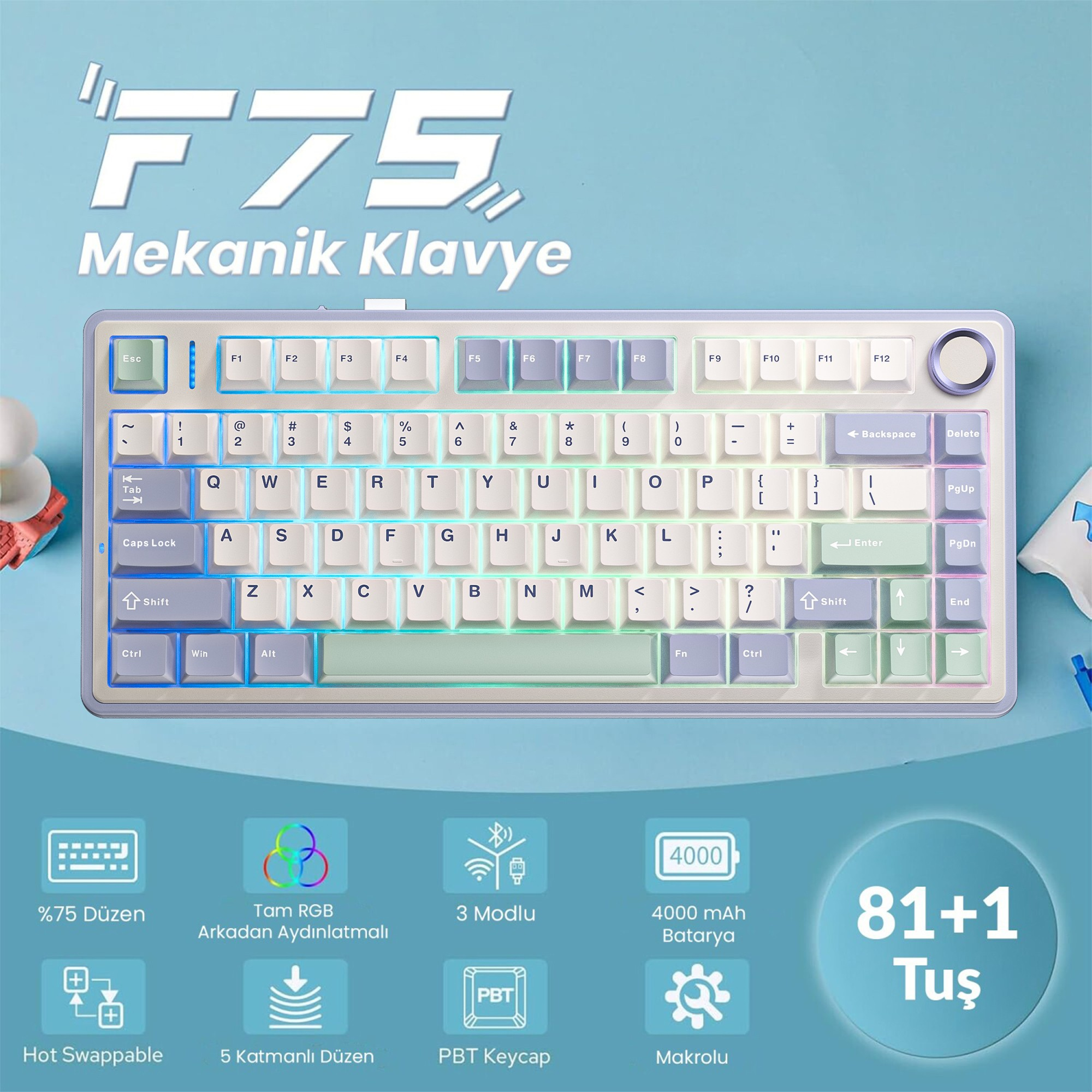 Mavi arka plan üzerinde RGB arka aydınlatmalı pastel renkli mekanik klavye.