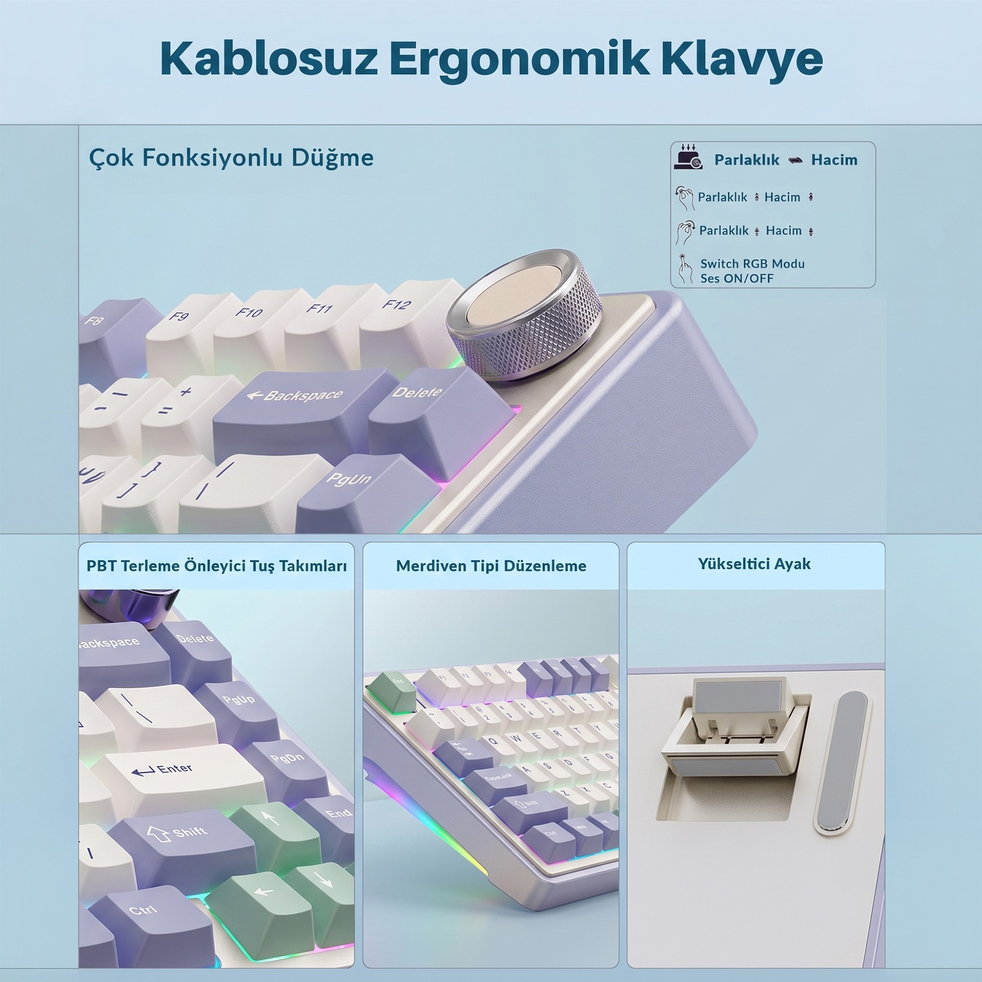Çok fonksiyonlu düğme, eğimli düzen ve yükseltici ayak detaylarına sahip mor-beyaz kablosuz klavye.