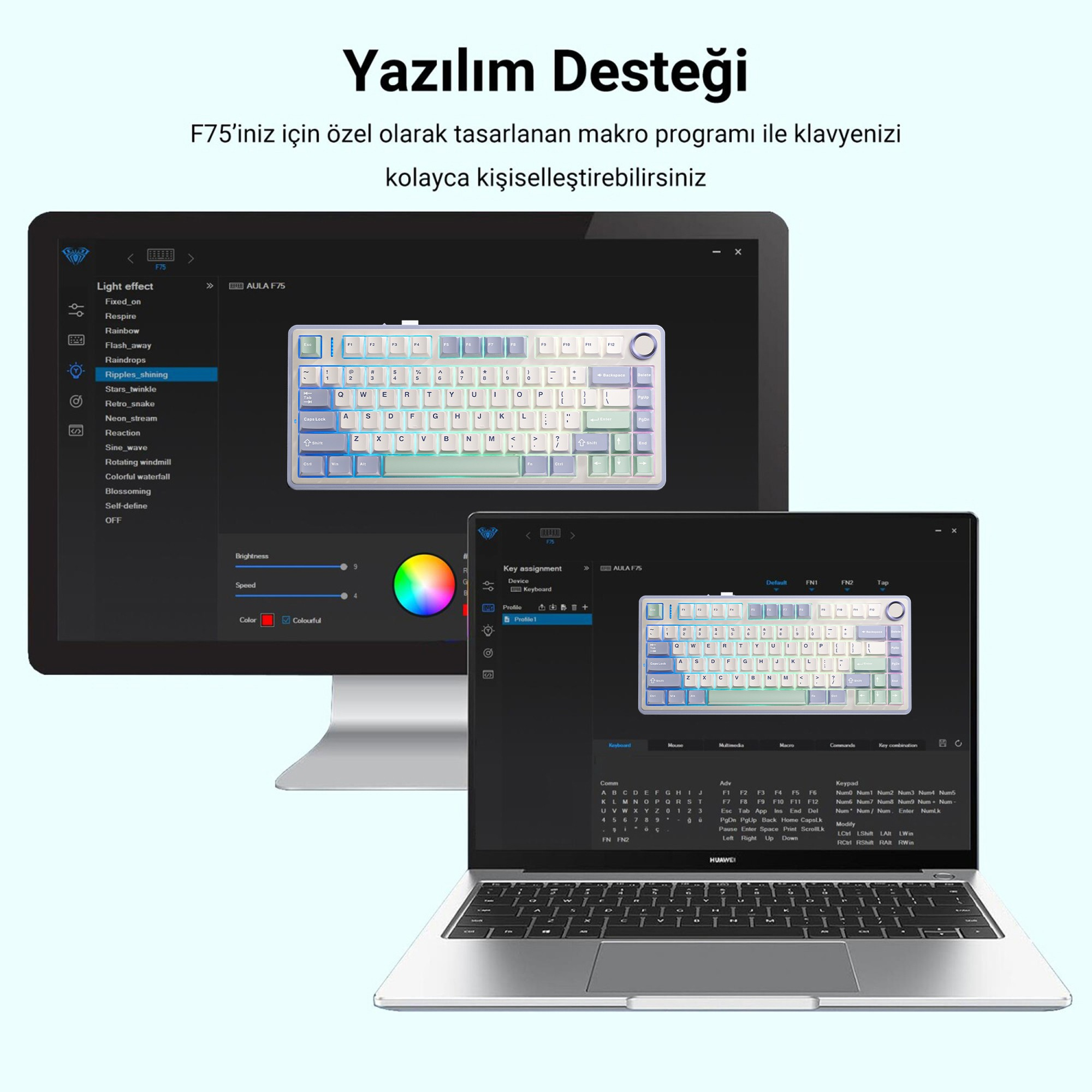 Bir bilgisayar ve dizüstü bilgisayar, aydınlatma ve makro seçenekleriyle mekanik klavyeyi özelleştirme yazılımını gösterir.