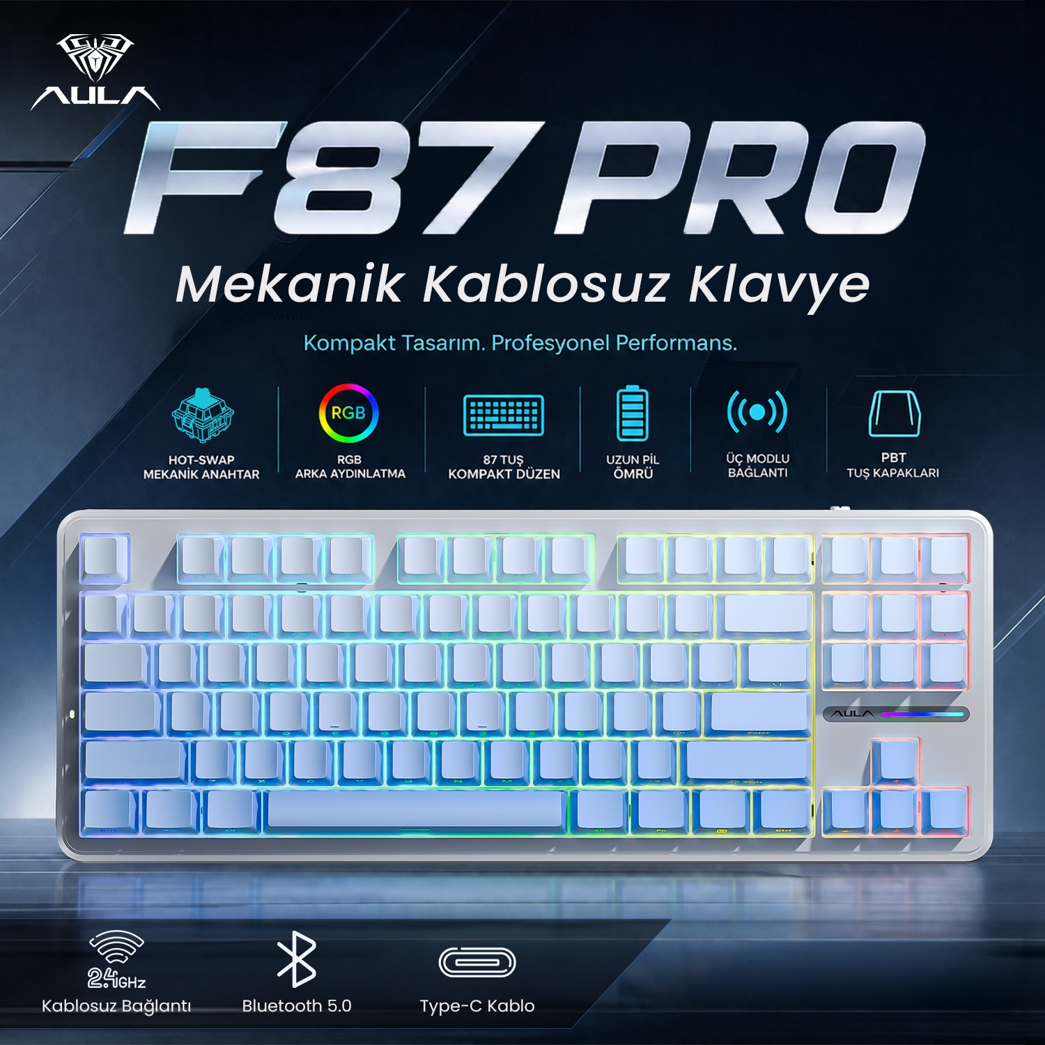 AULA F87 Pro beyaz mekanik klavye, RGB aydınlatma ve ürün özellikleri ile.