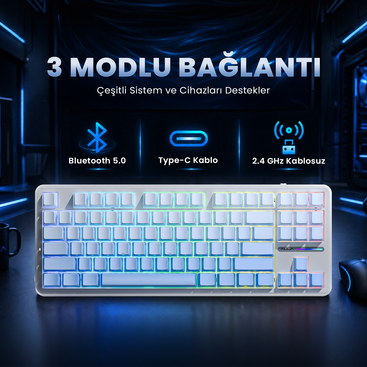 Bluetooth, Type-C kablosu ve 2.4 GHz kablosuz bağlantıya sahip beyaz RGB klavye.