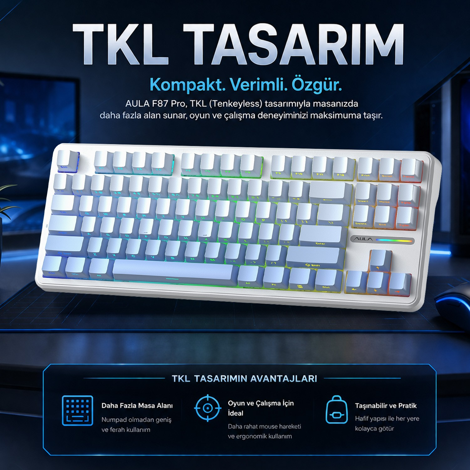 Karanlık bir masada RGB arka ışıklı beyaz kompakt TKL klavye.