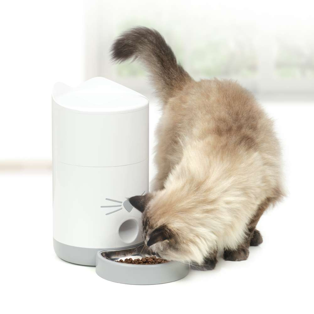 Eine flauschige Katze frisst Futter aus einer automatischen, katzenförmigen Futterstation auf dem Boden.