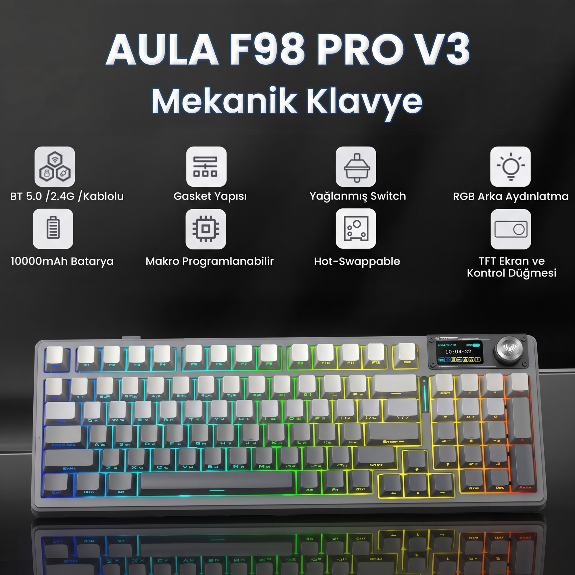 RGB aydınlatmalı, ekranlı ve Bluetooth, hot-swap gibi özelliklere sahip AULA F98 Pro V3 mekanik klavye.