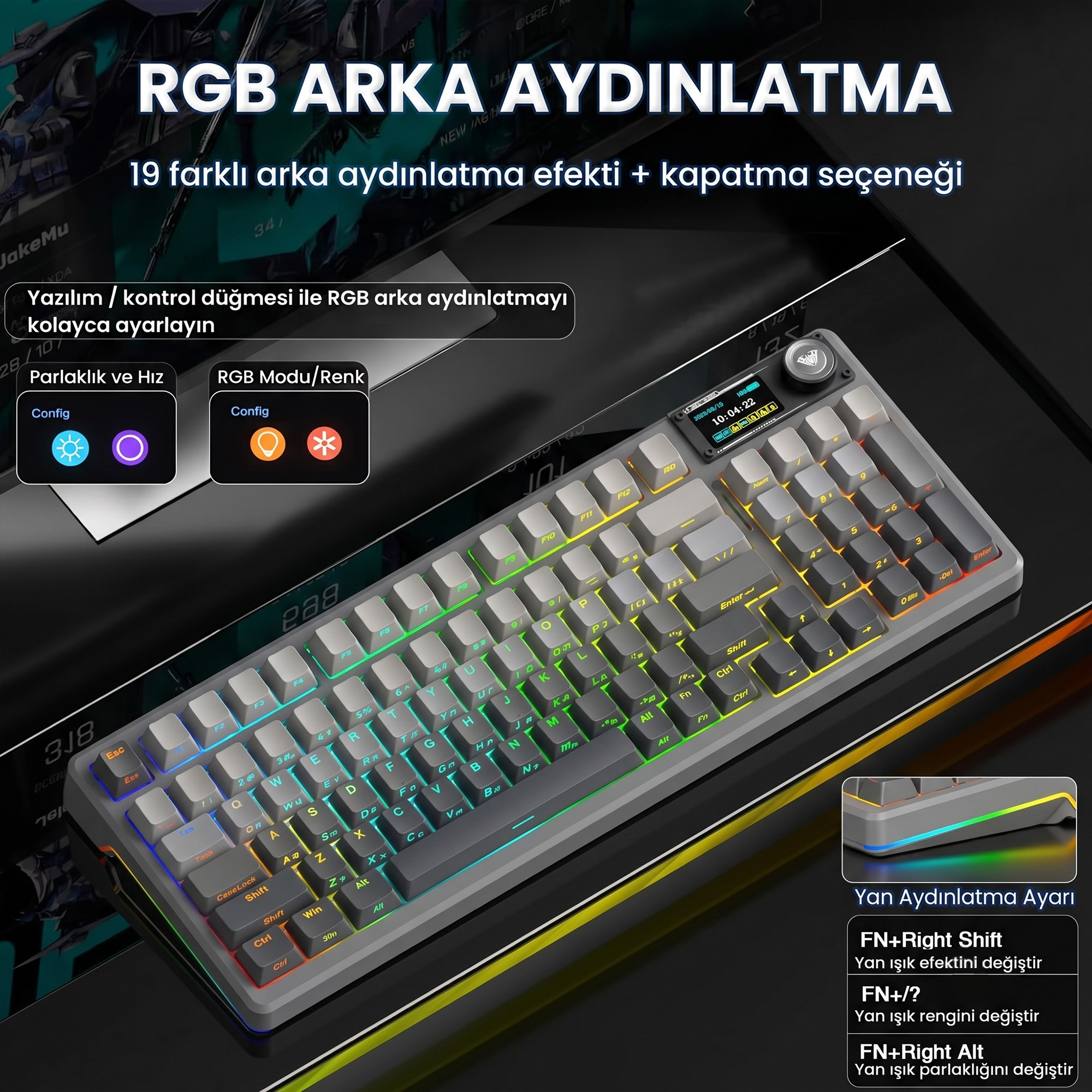 RGB aydınlatmalı, gri tuşlu, küçük ekranlı ve üzerinde Türkçe yazılar bulunan mekanik bir klavye.