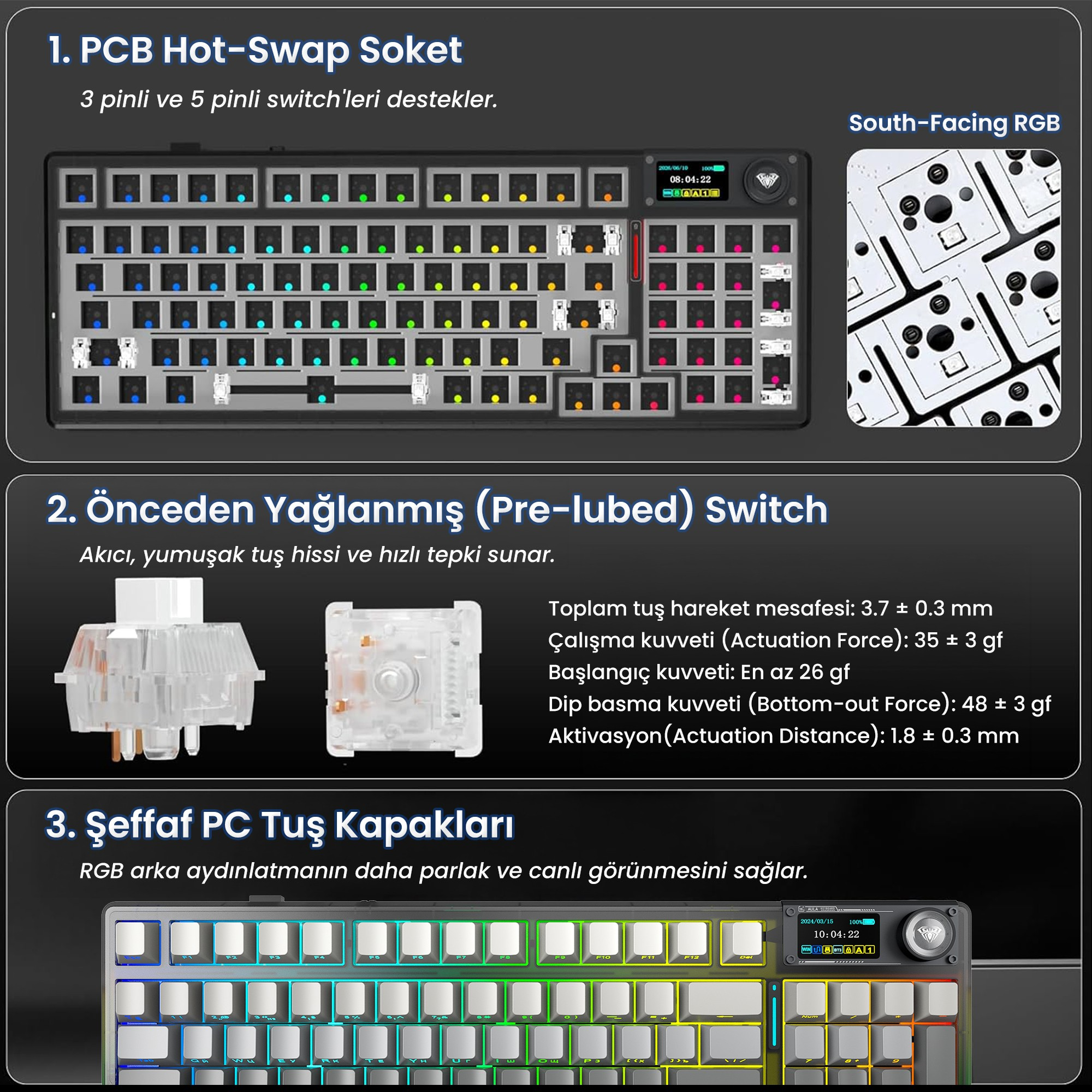 Hot-swap PCB, önceden yağlanmış switch'ler ve şeffaf tuş kapaklarına sahip mekanik klavyenin teknik detayları.