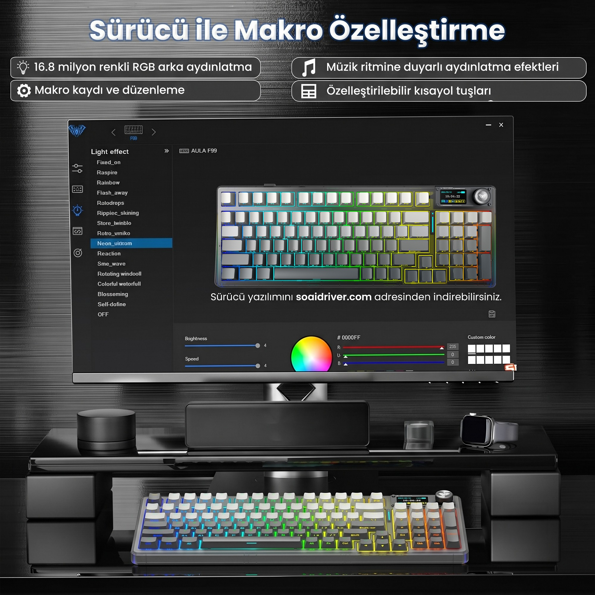 Yazılım arayüzü, gerçek klavyenin üzerindeki monitörde RGB ayarlarını gösterir.