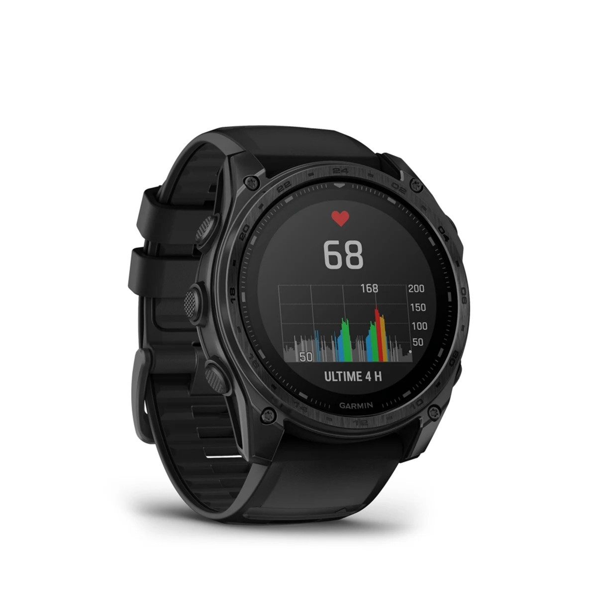 Un orologio sportivo Garmin nero con un grafico della frequenza cardiaca sullo schermo.