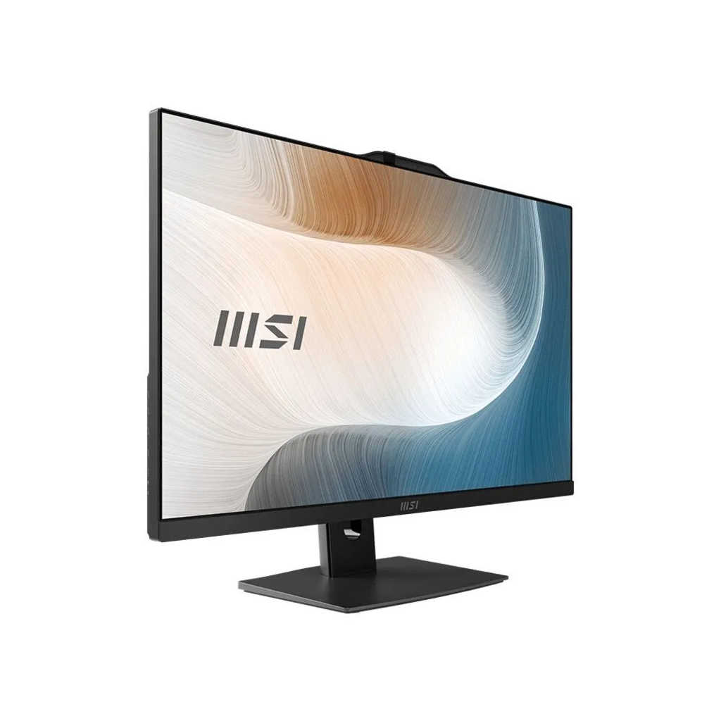 Beyaz arka plan üzerinde soyut mavi ve beyaz duvar kağıdı gösteren siyah MSI monitör.