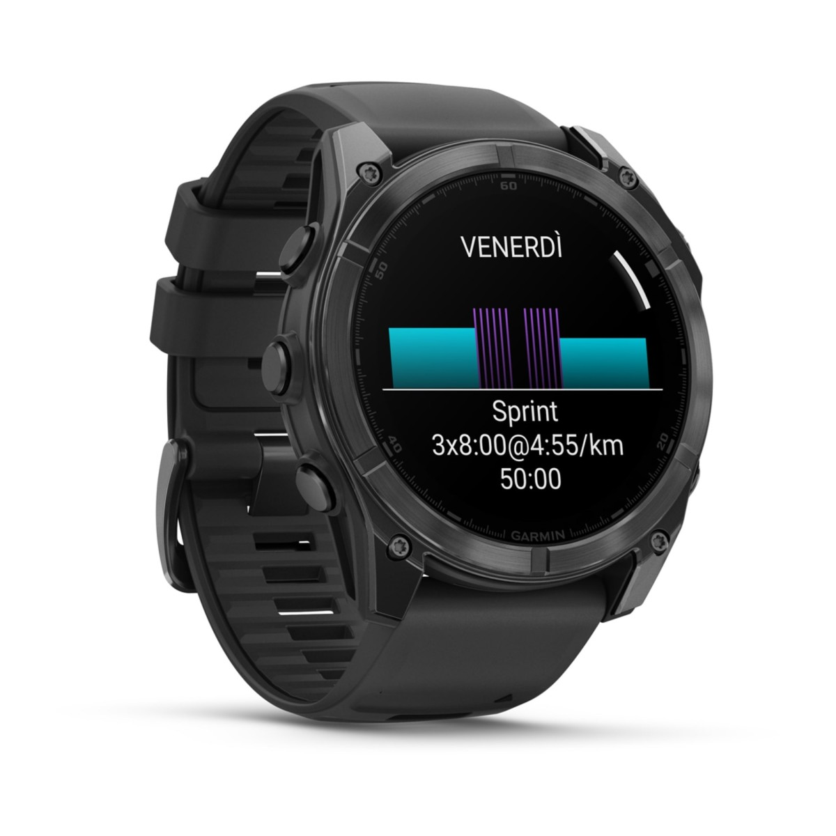 Orologio sportivo Garmin nero con allenamento sprint e grafico a barre blu e viola.