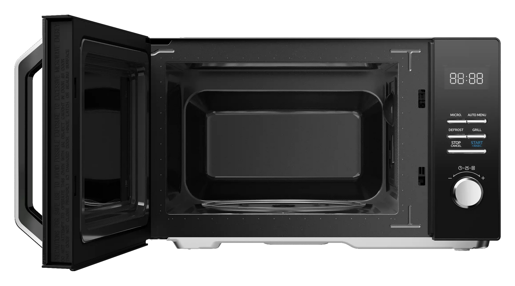 Un microonde nero con la porta aperta, dotato di display digitale e manopola di controllo a destra.