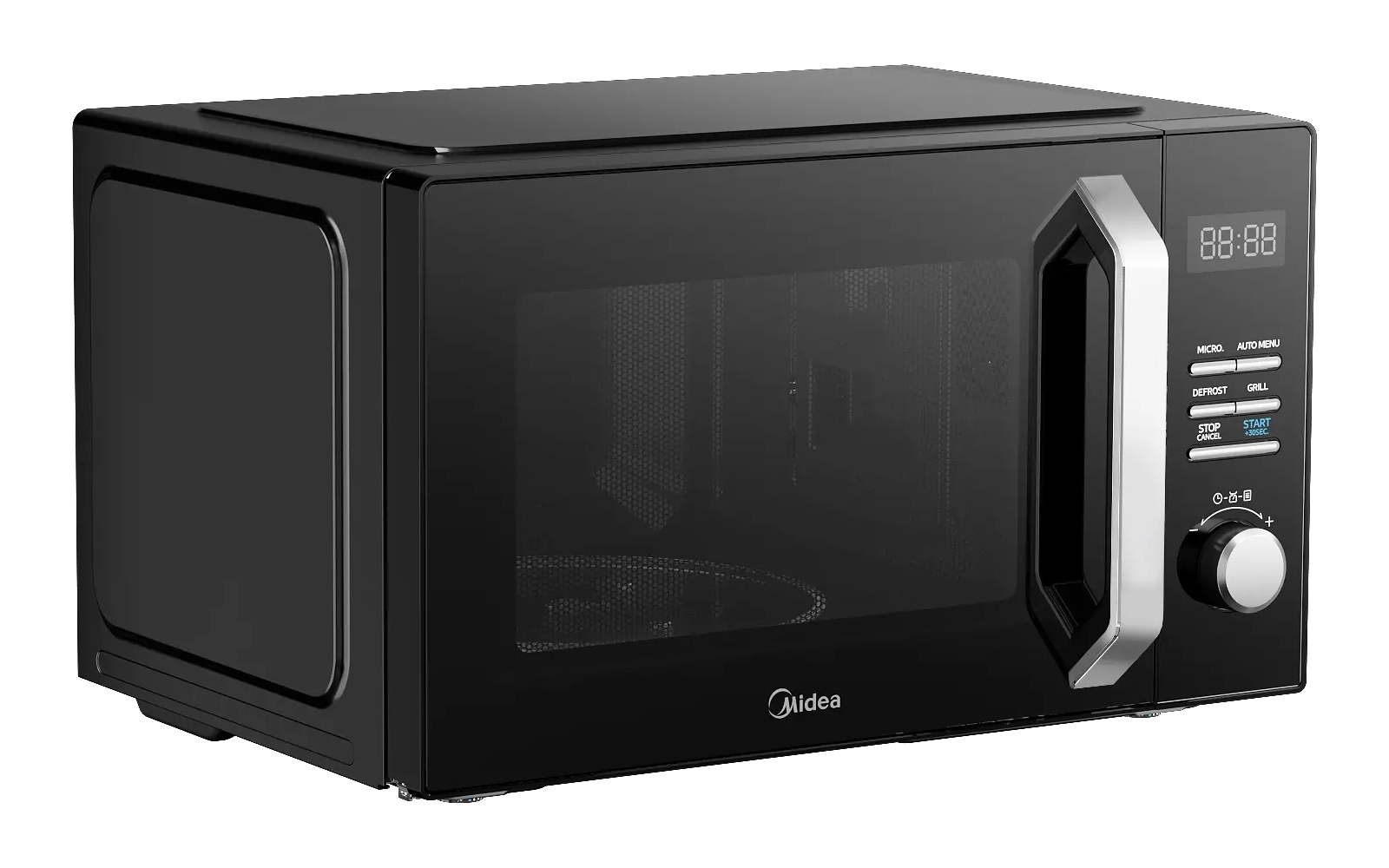 Microonde Midea nero con display digitale, maniglia argentata e manopola di controllo su sfondo bianco.