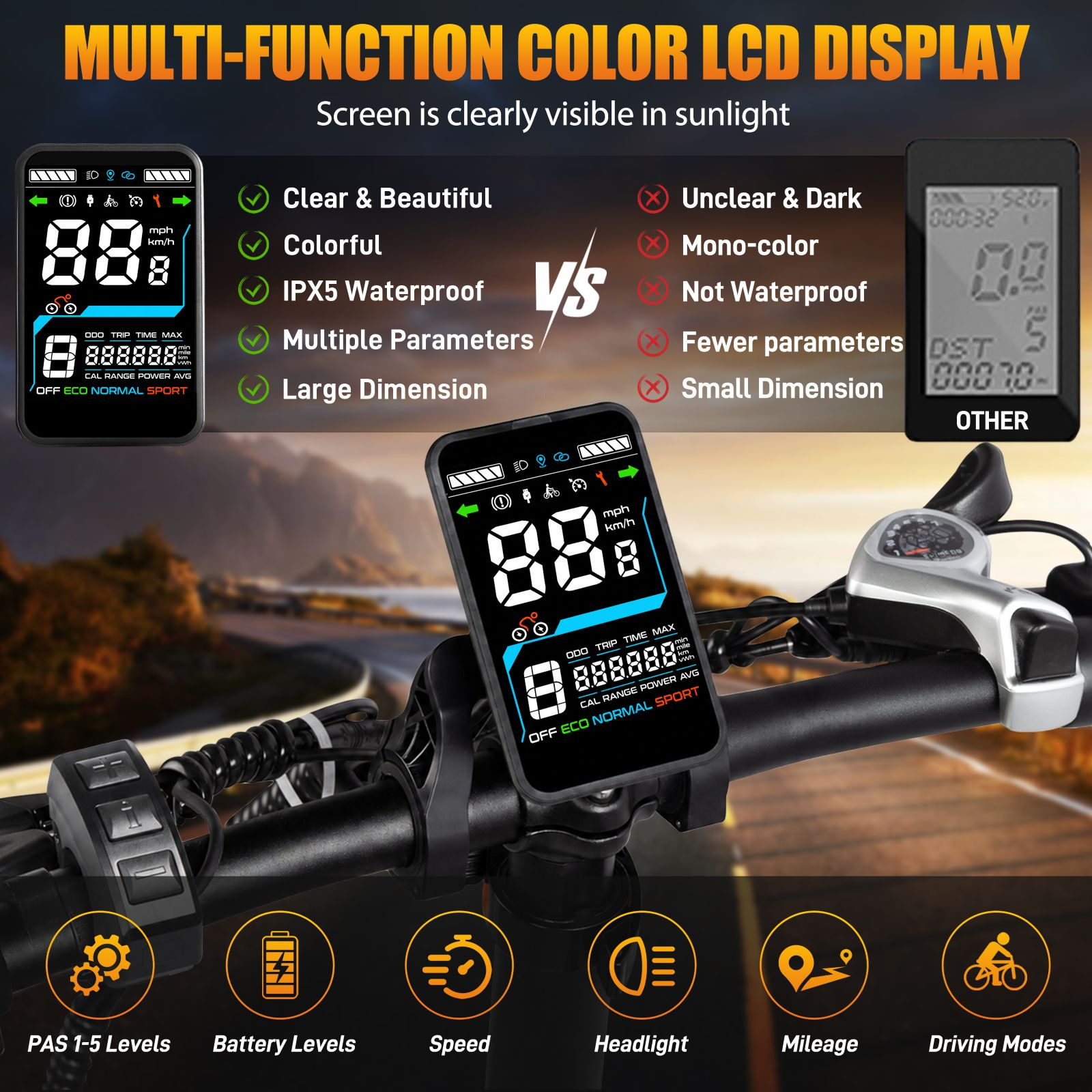Comparación de una pantalla a color para e-bike con una pantalla monocroma en un manillar.