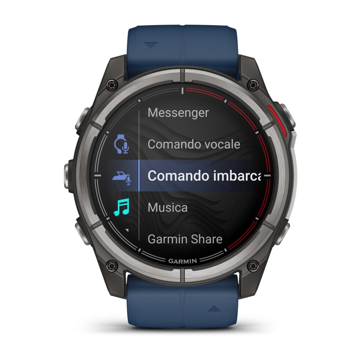 Uno smartwatch Garmin con cinturino blu mostra un menu sullo schermo rotondo.