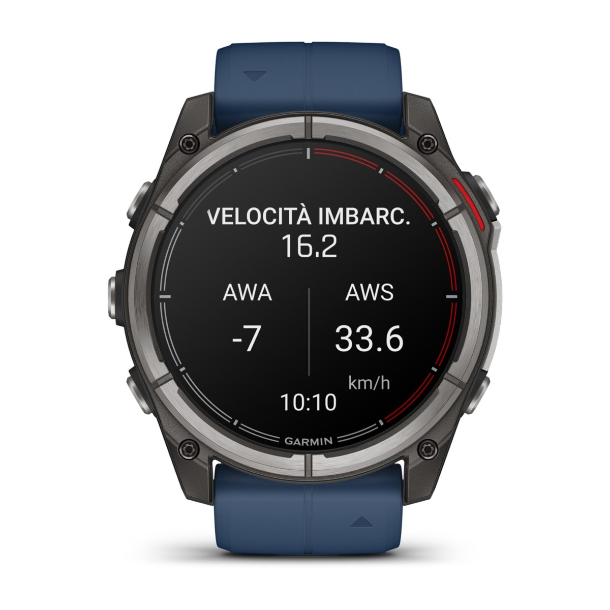 Orologio sportivo Garmin con cinturino blu che mostra dati di navigazione.