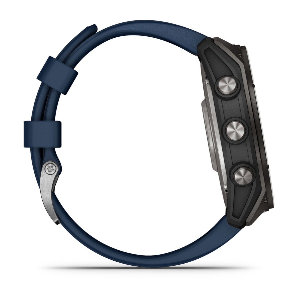 Vista laterale di uno smartwatch con cinturino blu scuro e tre pulsanti argentati.