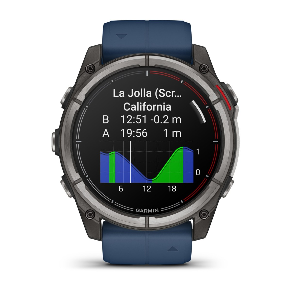 Uno smartwatch Garmin mostra il grafico delle marea di La Jolla, California, con grafici blu e verdi.