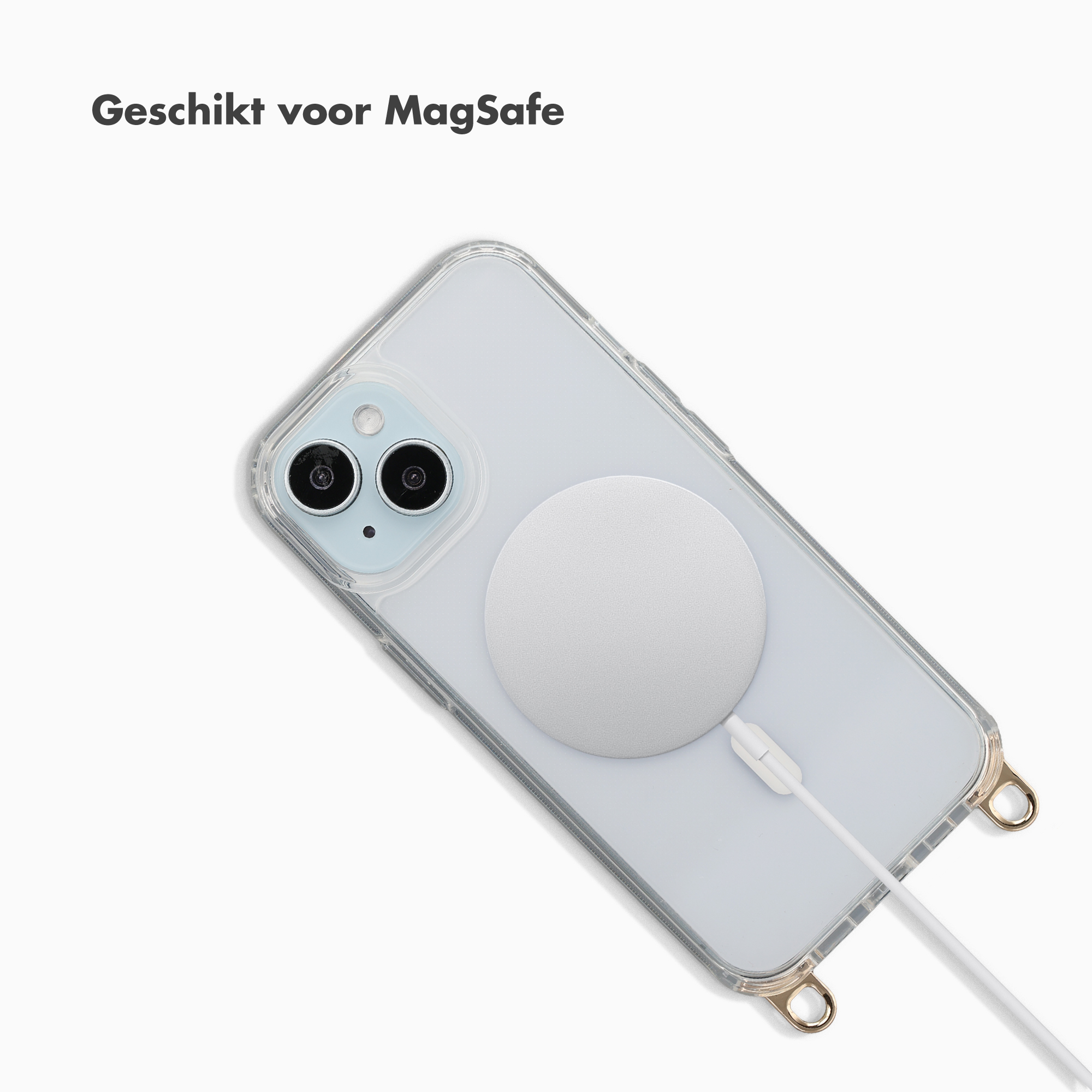 A light blue smartphone in a clear case with a MagSafe charger attached on a white background.