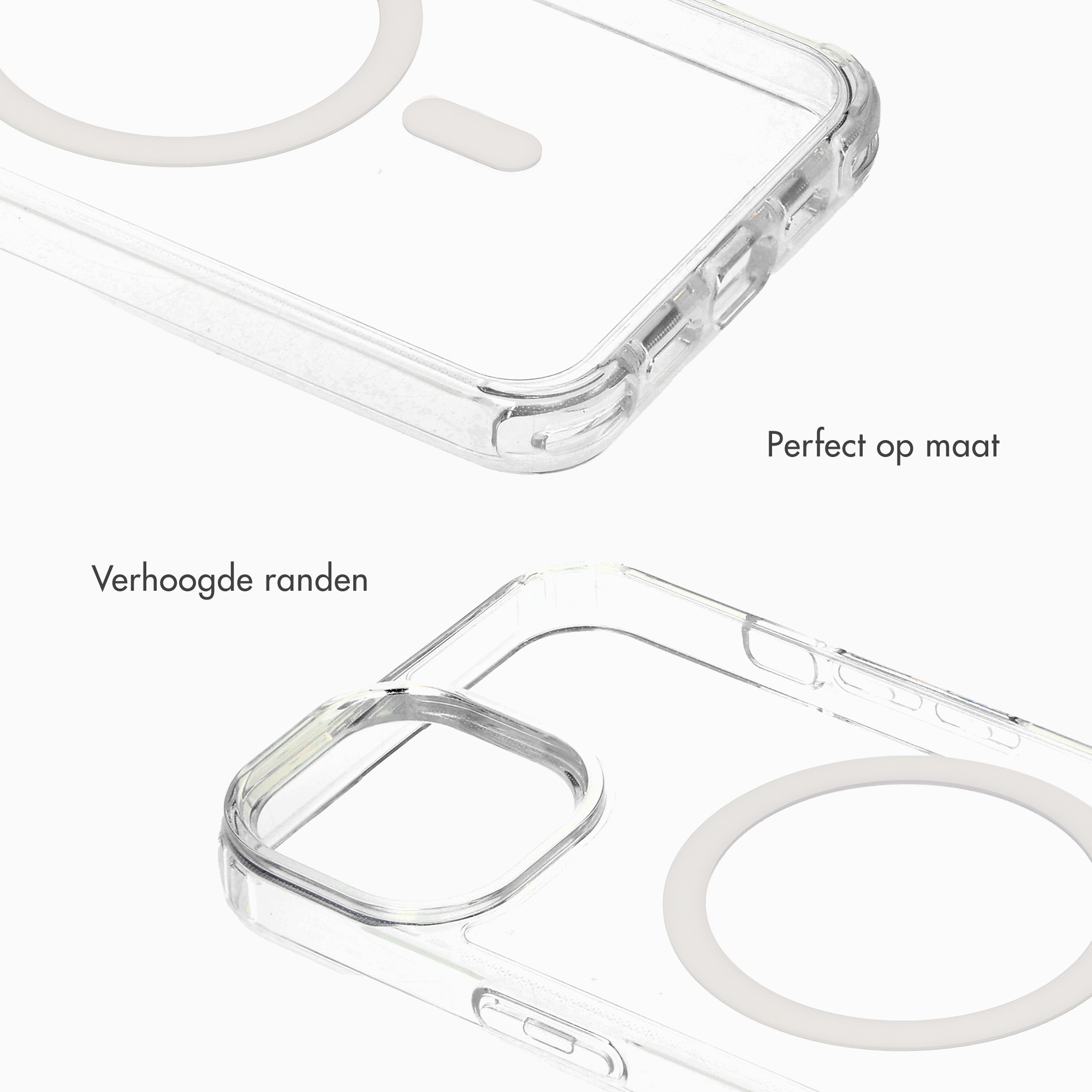 Transparent phone case with MagSafe and raised edges.