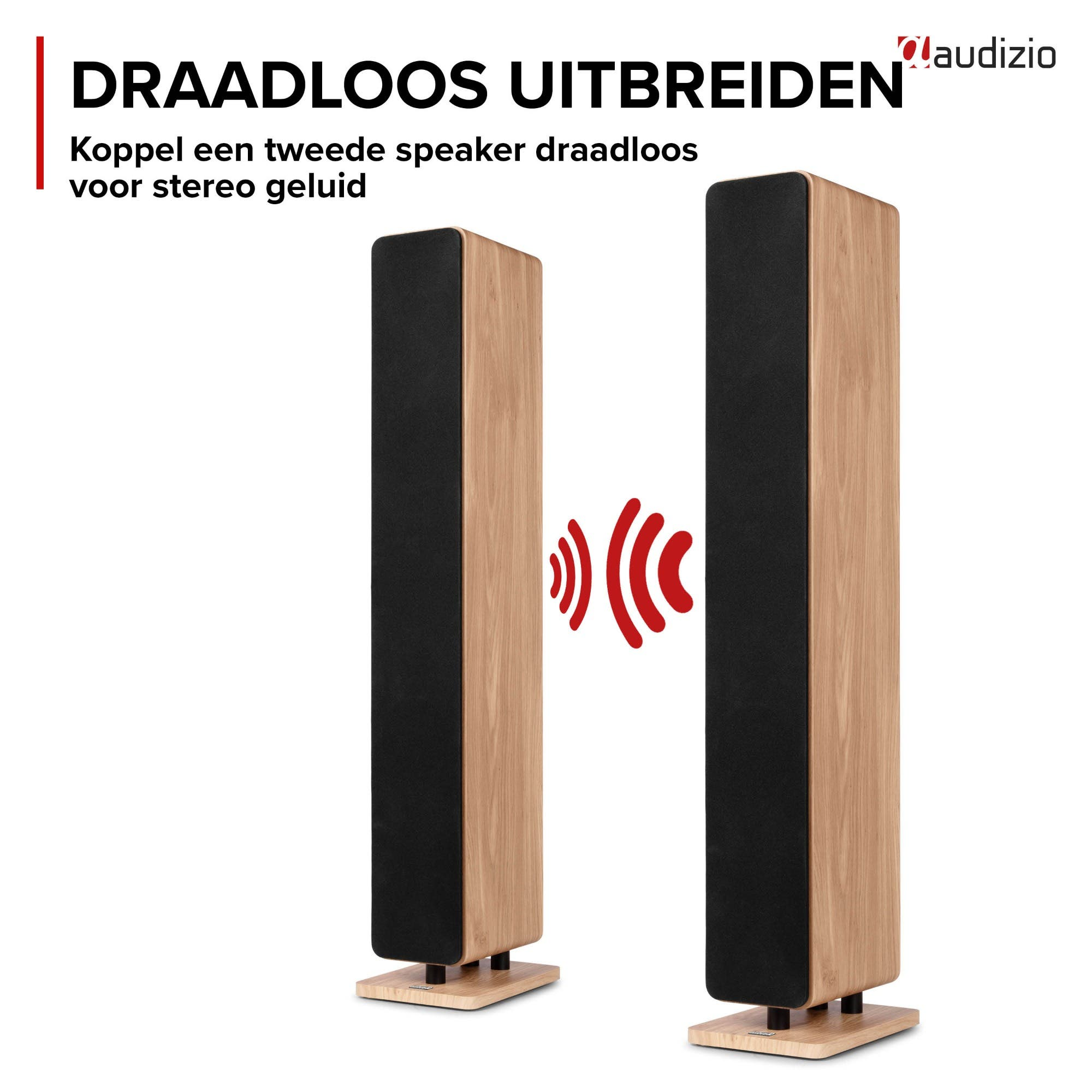 Dos altavoces de madera altos con paneles frontales negros y ondas de conexión inalámbrica roja.