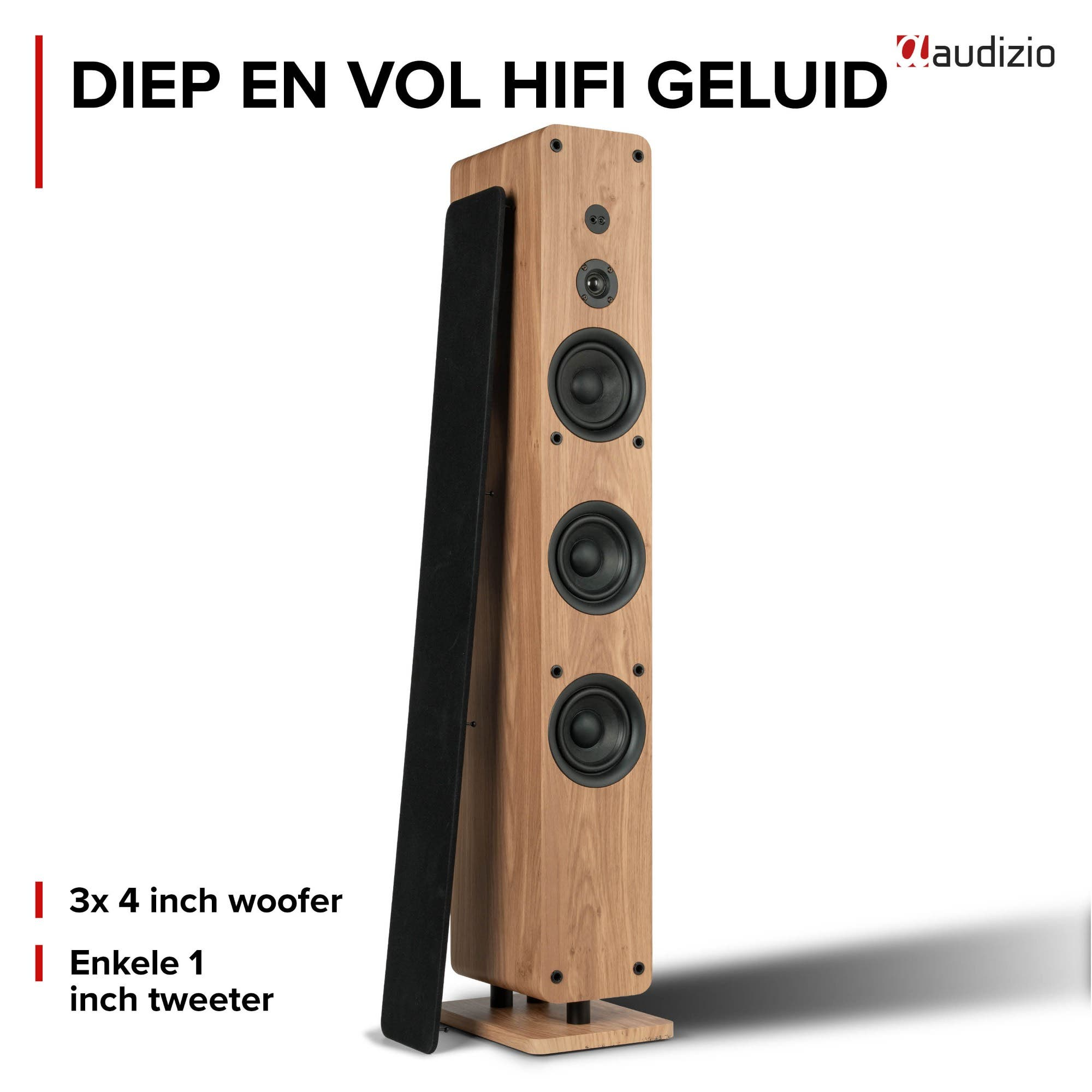 Un altavoz de torre de madera con tres woofers y un tweeter, sobre fondo blanco con texto.