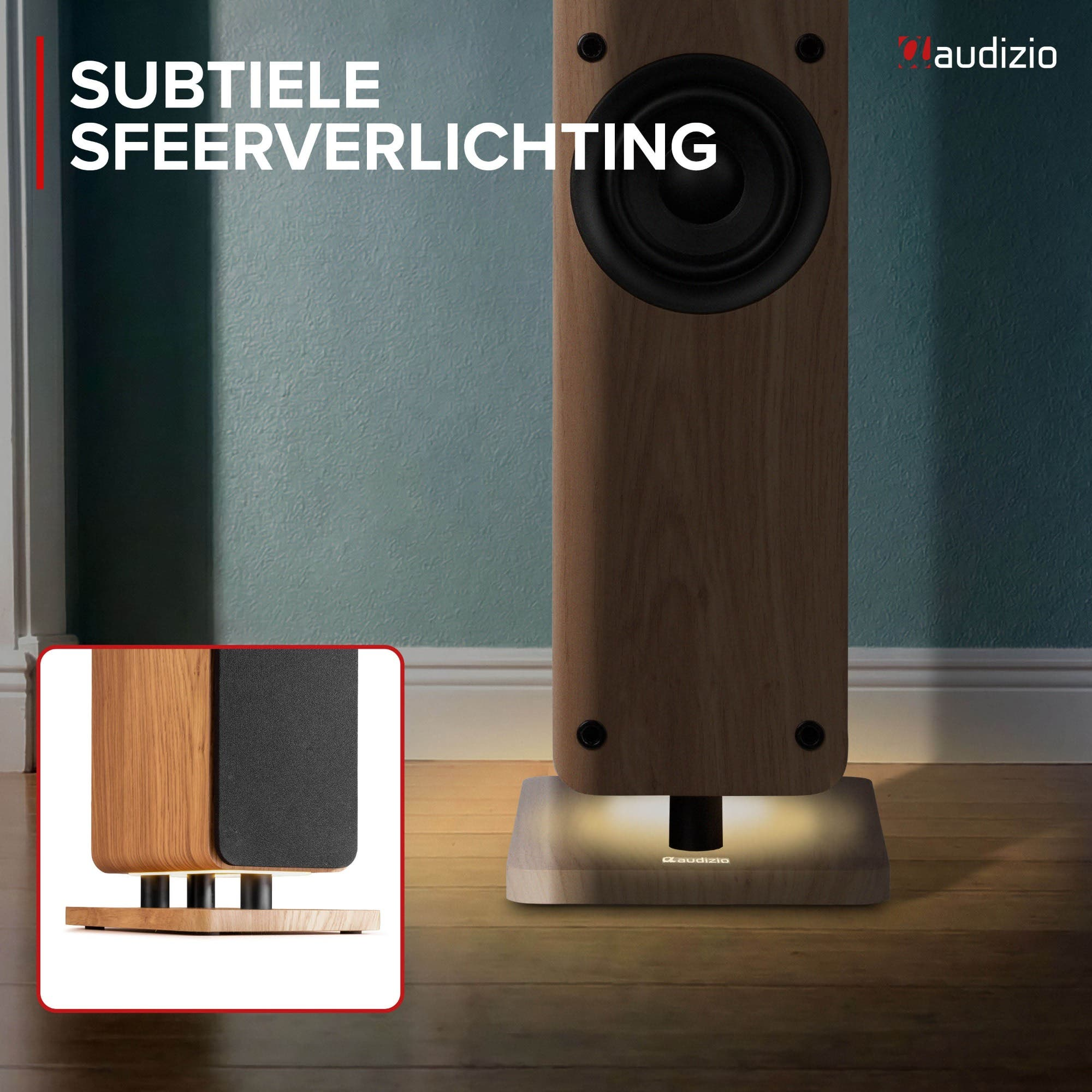Un altavoz Audizio de madera con iluminación base se encuentra en un suelo de madera.