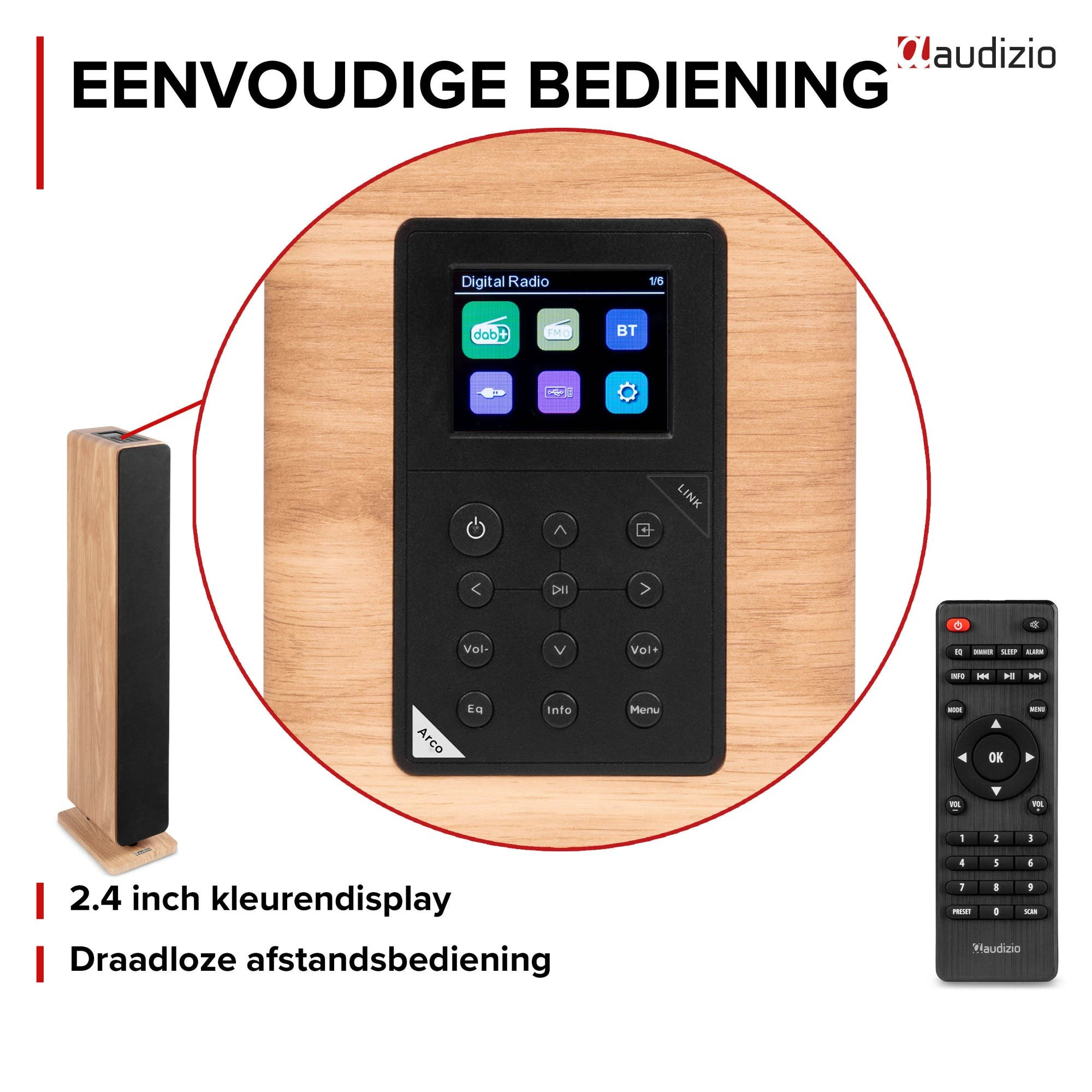 Radio de madera con pantalla a color y control remoto.