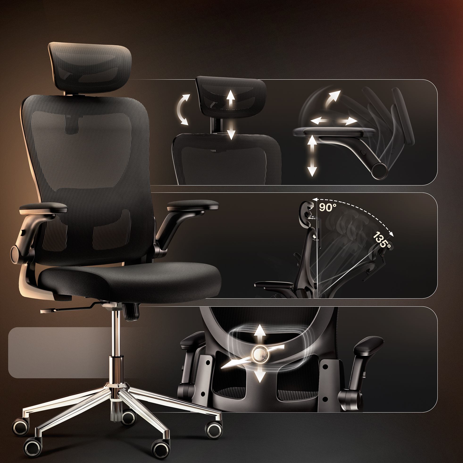 Ergonomischer schwarzer Bürostuhl mit verstellbarer Kopfstütze, Armlehnen und Rückenlehne.