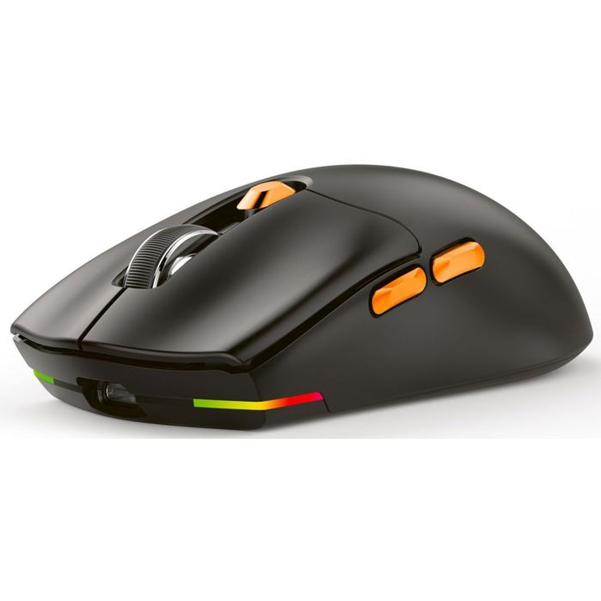 Ratón de juego negro con detalles naranjas, rueda de desplazamiento y tiras LED sobre fondo blanco.