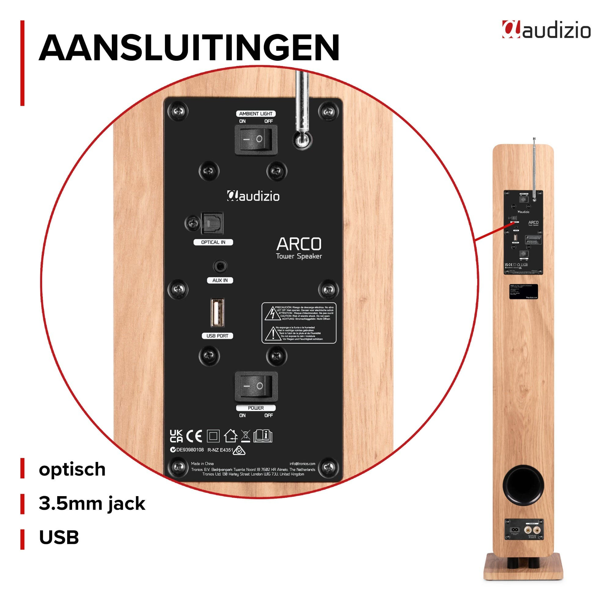 Panel trasero de un altavoz de torre Audizio ARCO con puertos ópticos, AUX y USB.