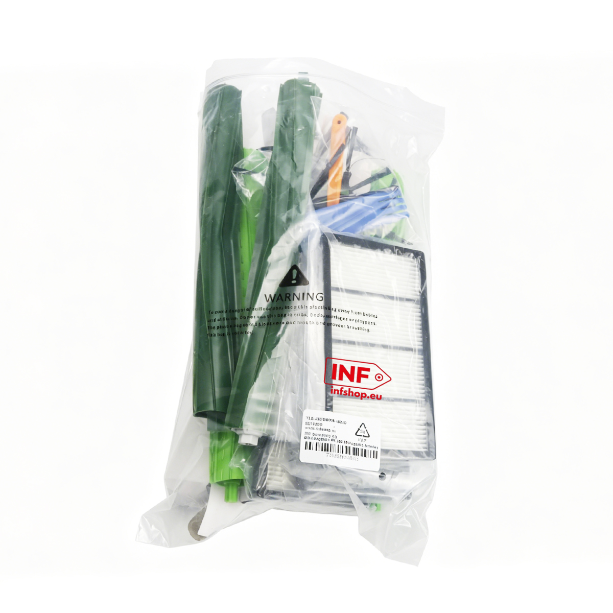 Repuestos para aspiradora en una bolsa de plástico, incluyendo rodillos verdes y un filtro blanco.