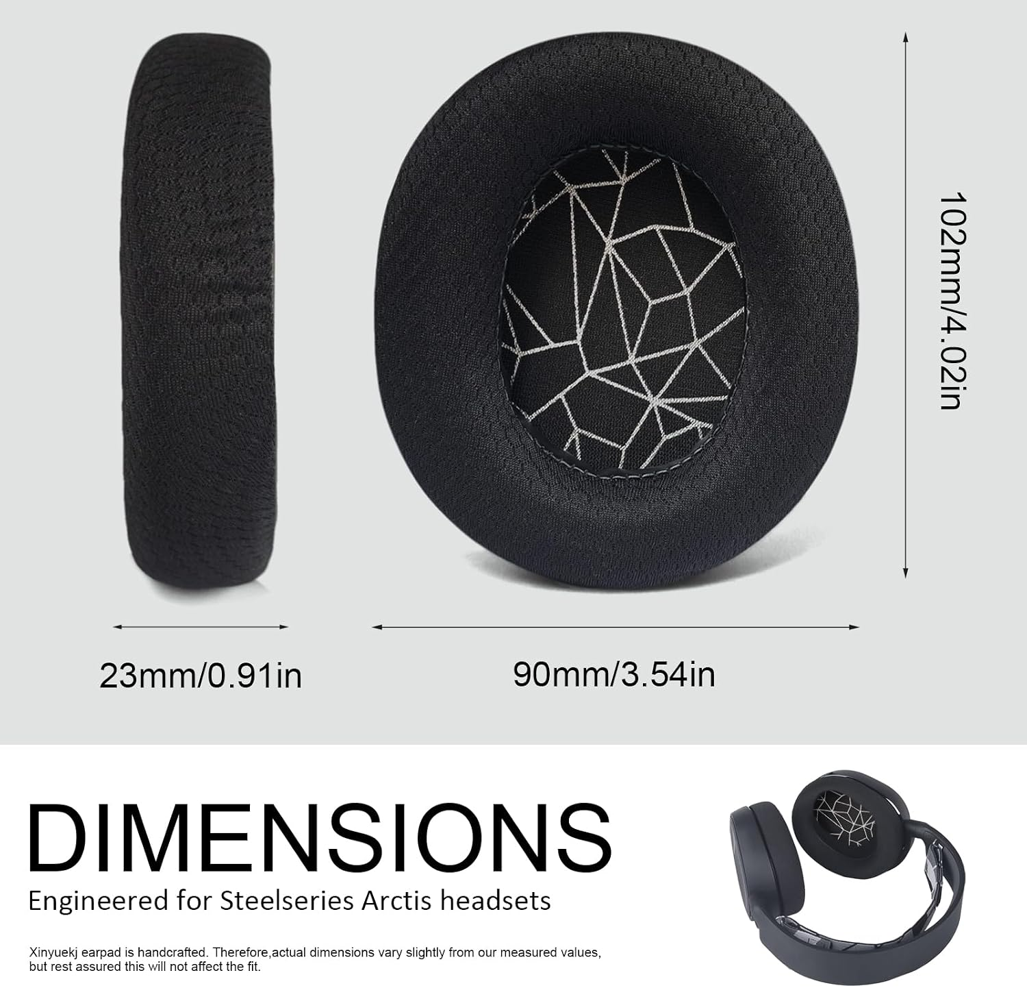 Abmessungen schwarzer Ersatz-Ohrpolster für Steelseries Arctis Headsets, mit Dicke, Höhe und Breite.