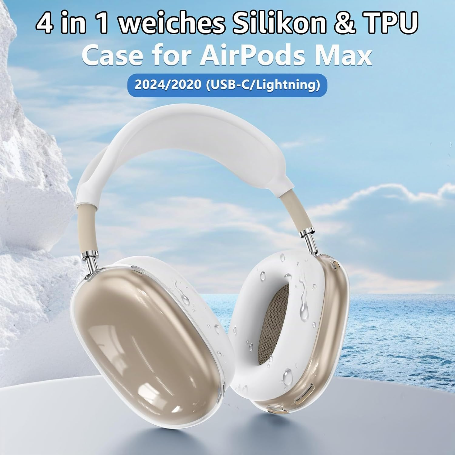 Weisse AirPods Max mit goldenen Schutzhüllen auf einer runden Plattform vor einer Meereskulisse.