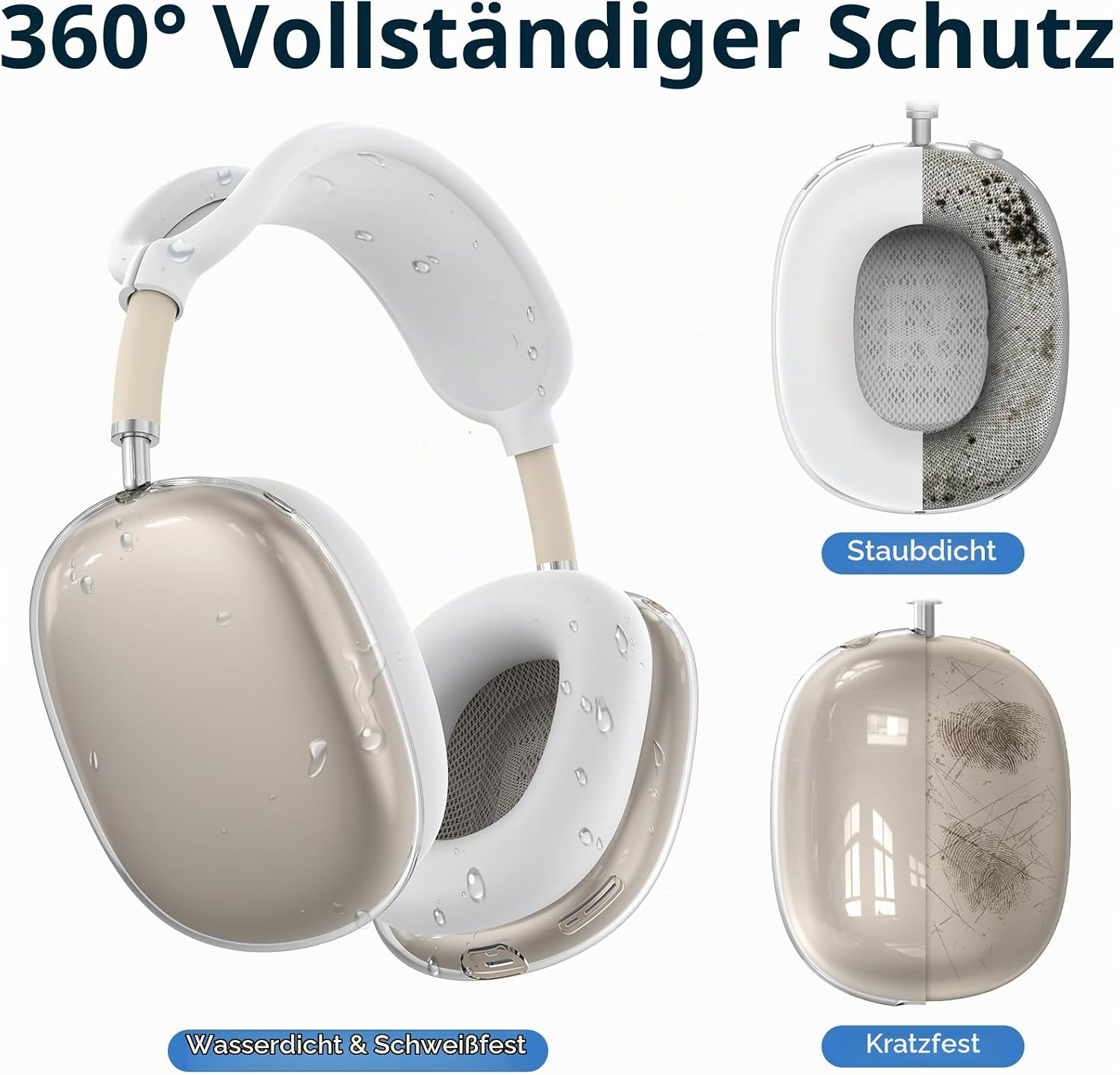 Weiße Over-Ear-Kopfhörer mit Schutzhülle, geschützt vor Wasser, Staub und Kratzern.