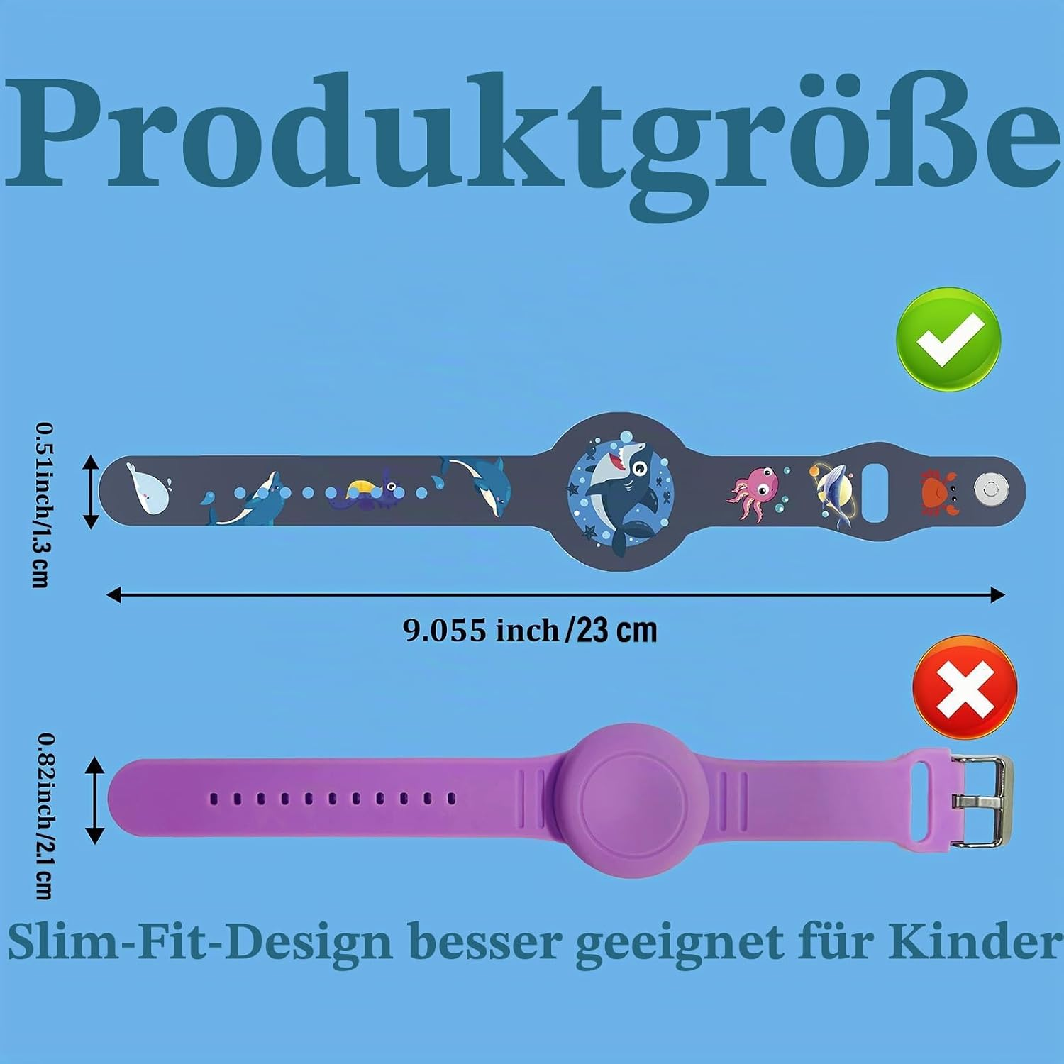 Produktgröße und Maße von zwei verschiedenen Kinderarmbändern mit Meerestieren.